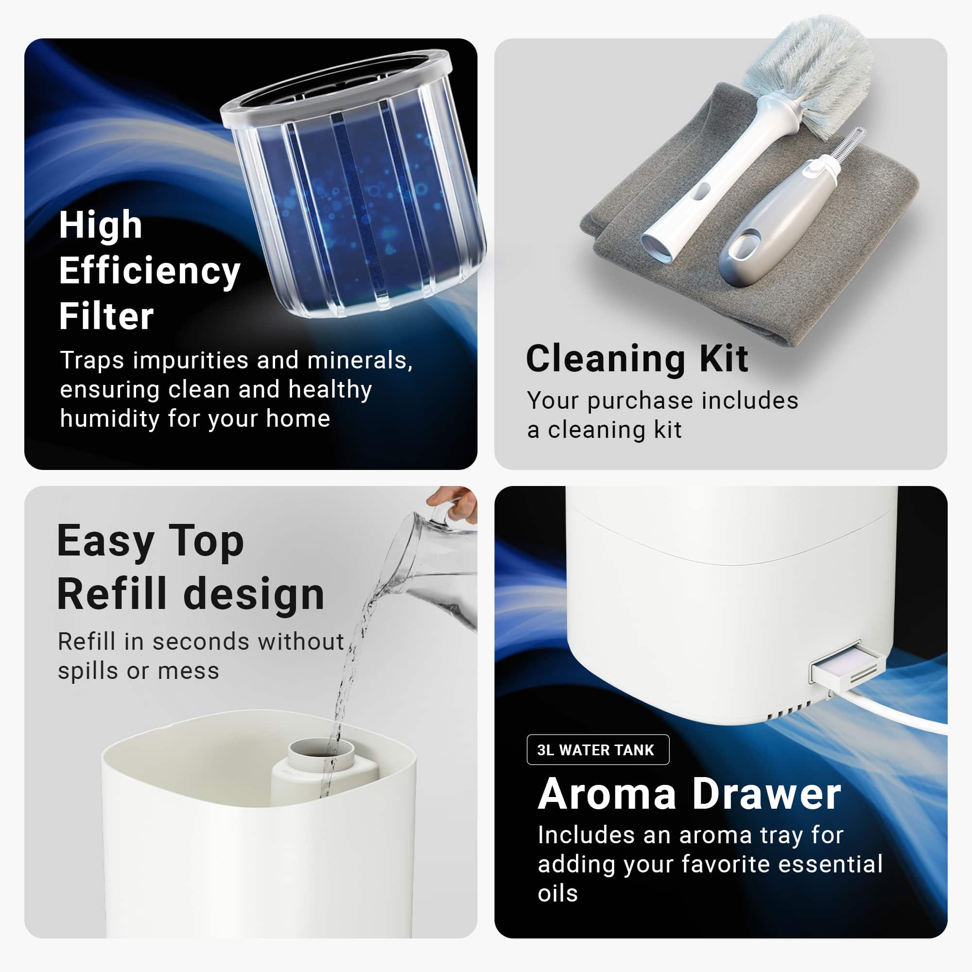 High Efficiency Filter Traps impurities and minerals, ensuring clean and healthy humidity for your home
Cleaning Kit Your purchase includes a cleaning kit
Easy Top Refill design Refill in seconds without spills or mess
3L WATER TANK Aroma Drawer Includes an aroma tray for adding your favorite essential oils