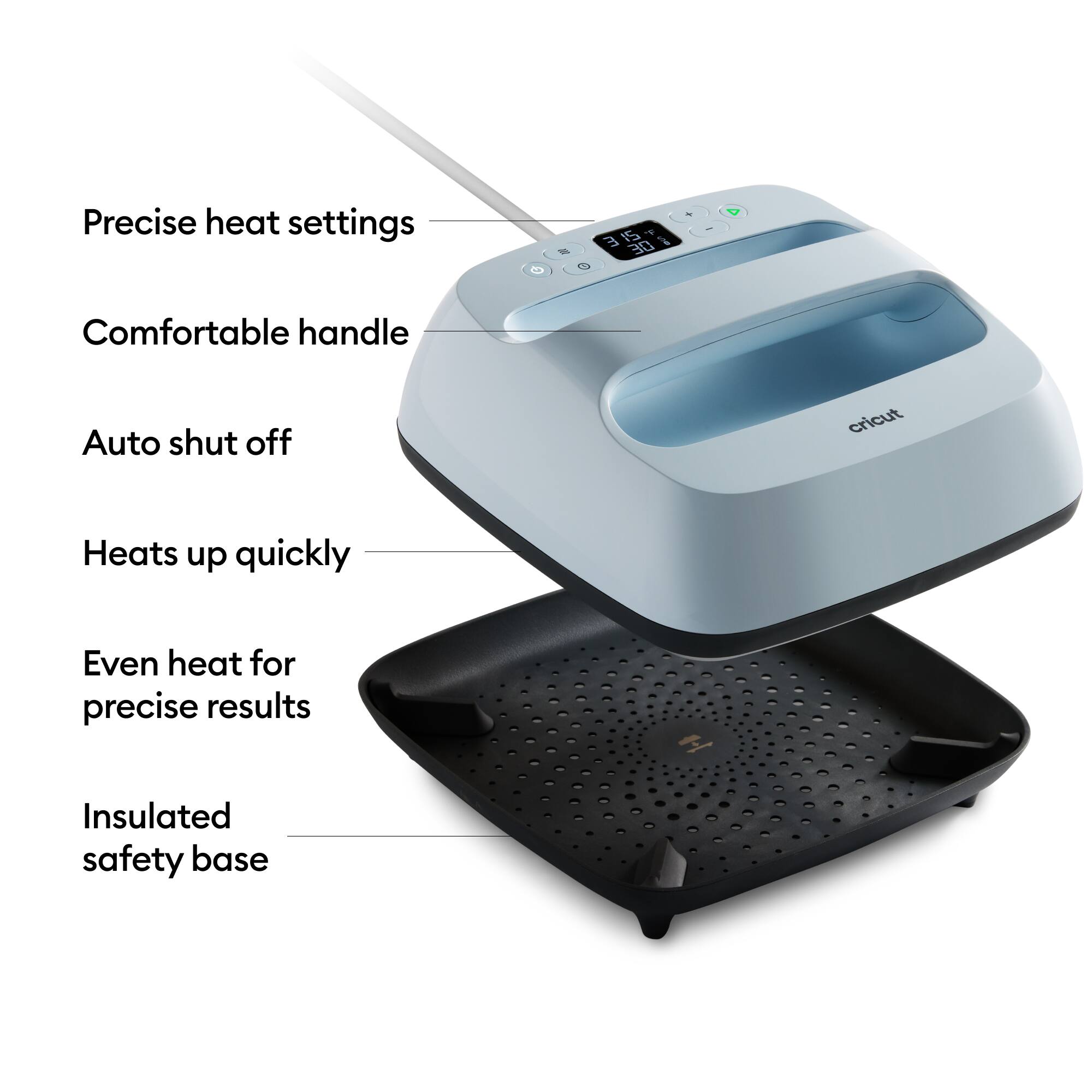 - Precise heat settings
- Comfortable handle
- Auto shut off
- Heats up quickly
- Even heat for precise results
- Insulated safety base