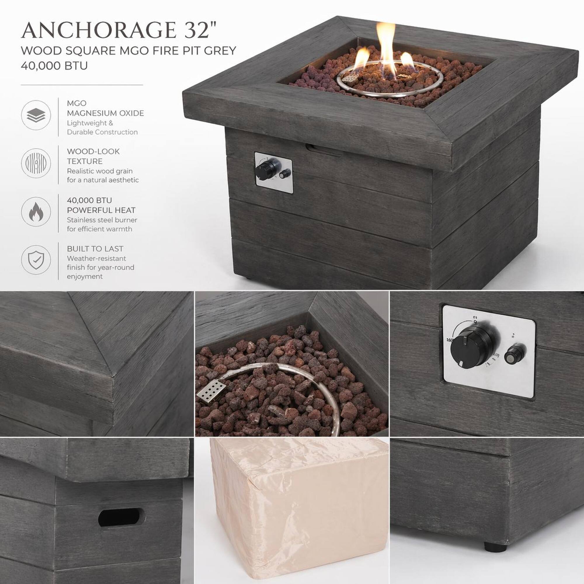 ANCHORAGE 32" WOOD SQUARE MGO FIRE PIT GREY 40,000 BTU

MGO MAGNESIUM OXIDE
Lightweight & Durable Construction

WOOD-LOOK TEXTURE
Realistic wood grain for a natural aesthetic

40,000 BTU POWERFUL HEAT
Stainless steel burner for efficient warmth

BUILT TO LAST
Weather-resistant finish for year-round enjoyment