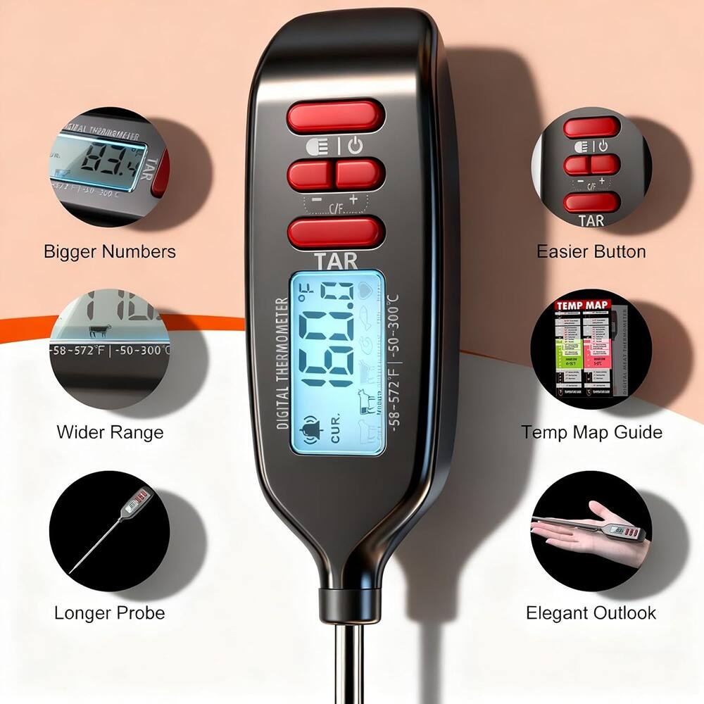 - **Bigger Numbers**
- **Wider Range**
- **Longer Probe**
- **Easier Button**
- **Temp Map Guide**
- **Elegant Outlook**

**TAR Digital Thermometer**
- **-58°C to 572°F**
- **-50°C to 300°C**