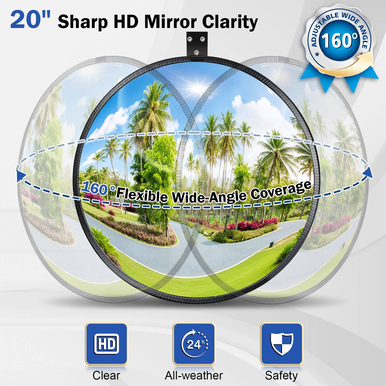 20" Sharp HD Mirror Clarity

160° Adjustable Wide-Angle

160° Flexible Wide-Angle Coverage

HD Clear

24h All-weather

Safety