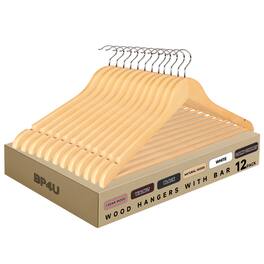 BP4U - 12-Pack Wooden Suit Coat Hangers with Pant Bar, Wood Clothes Hangers for Jackets, Shirts, Dresses, Trousers(Natural) - Natural Wood