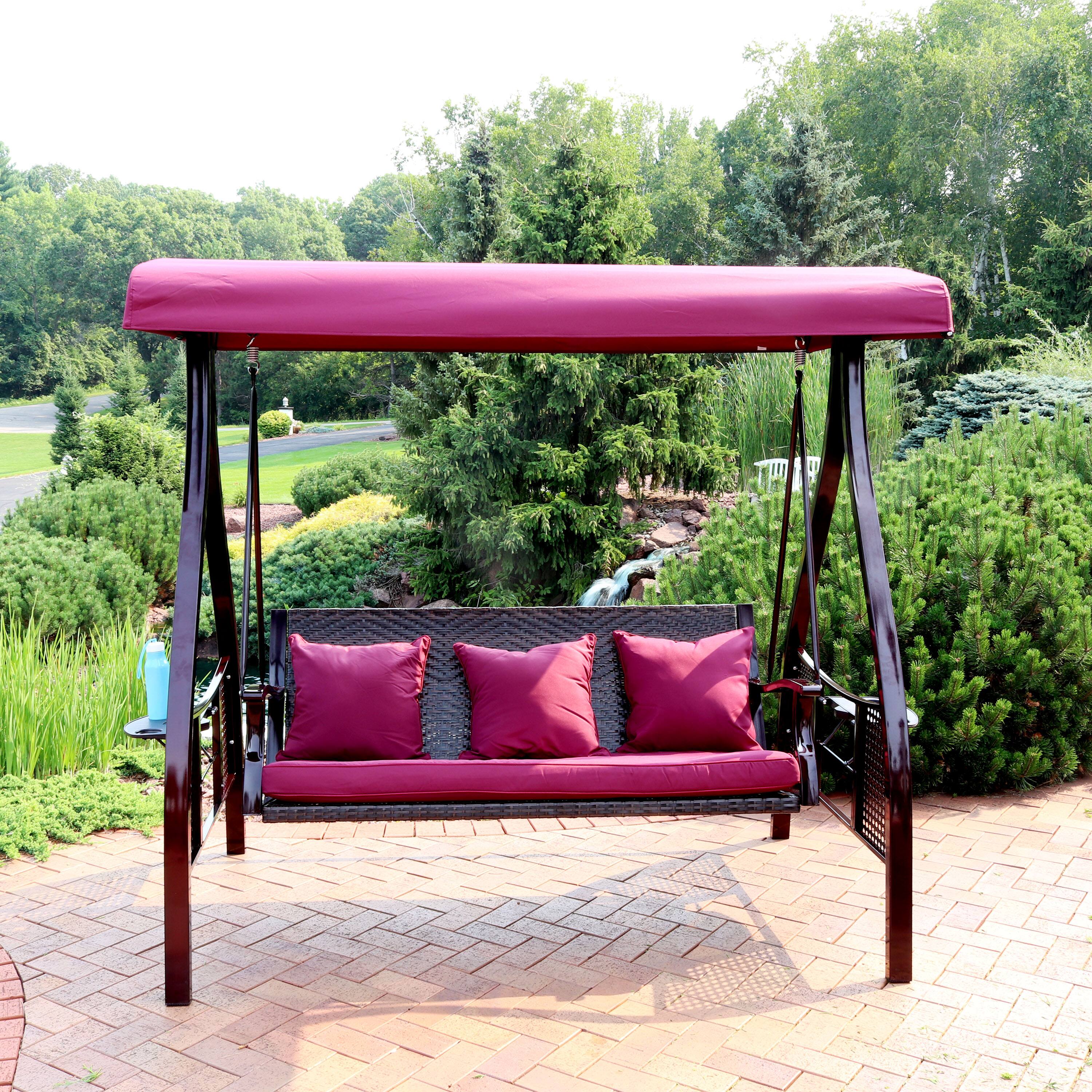 Alt View 3. Sunnydaze - 3-Person Steel Patio Swing Bench with Side Tables/Canopy - Dark Red.