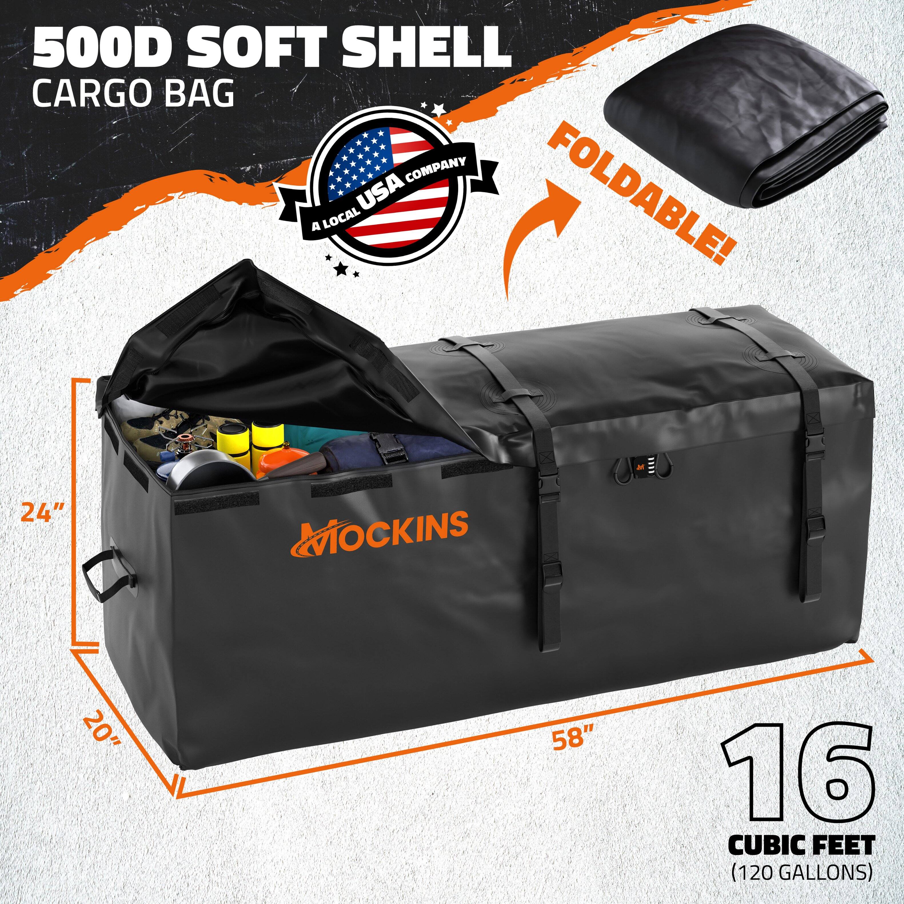 500D Soft Shell Cargo Bag  
A Local USA Company  
Foldable!  
24" x 20" x 58"  
16 Cubic Feet (120 Gallons)  
Mockins