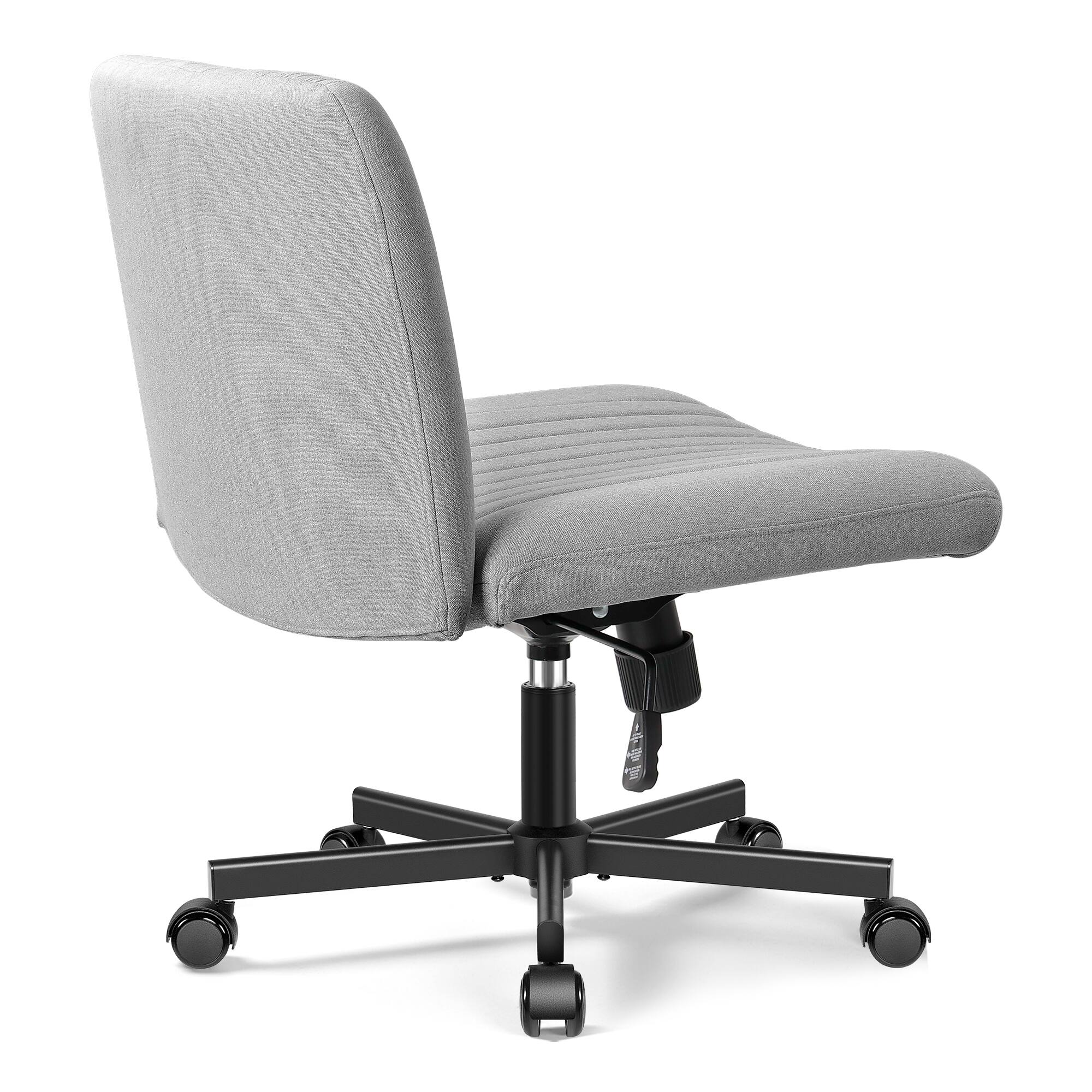 Back. Brick Attic - Criss Cross Chair with Wheels, Wide Cross Legged Office Desk Vanity Chair Comfy Fabric Armless Adjustable Swivel - Light Gray.