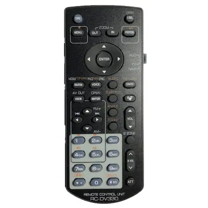 SRC DISP VSEL MENU ZOOM OUT IN POSITION ENTER AUD DYCH TV NAVI MODE/TOP MENU ANC/MENU FEC MODE ENLFBC AUDIE RETEN ROUTEM VOICE CANCEL AV OUT OPEN SUBTITLE VIEW MAPDIR 144 FM+ NH ANGLE ZOOM VOL AM- 2 ZONE 1 2ABC 3DEF 4GHI 5JKL 6MNO 7PQRS 8TUV 9WXYZ 0 # BS ATT REMOTE CONTROL UNIT RC-DV330
