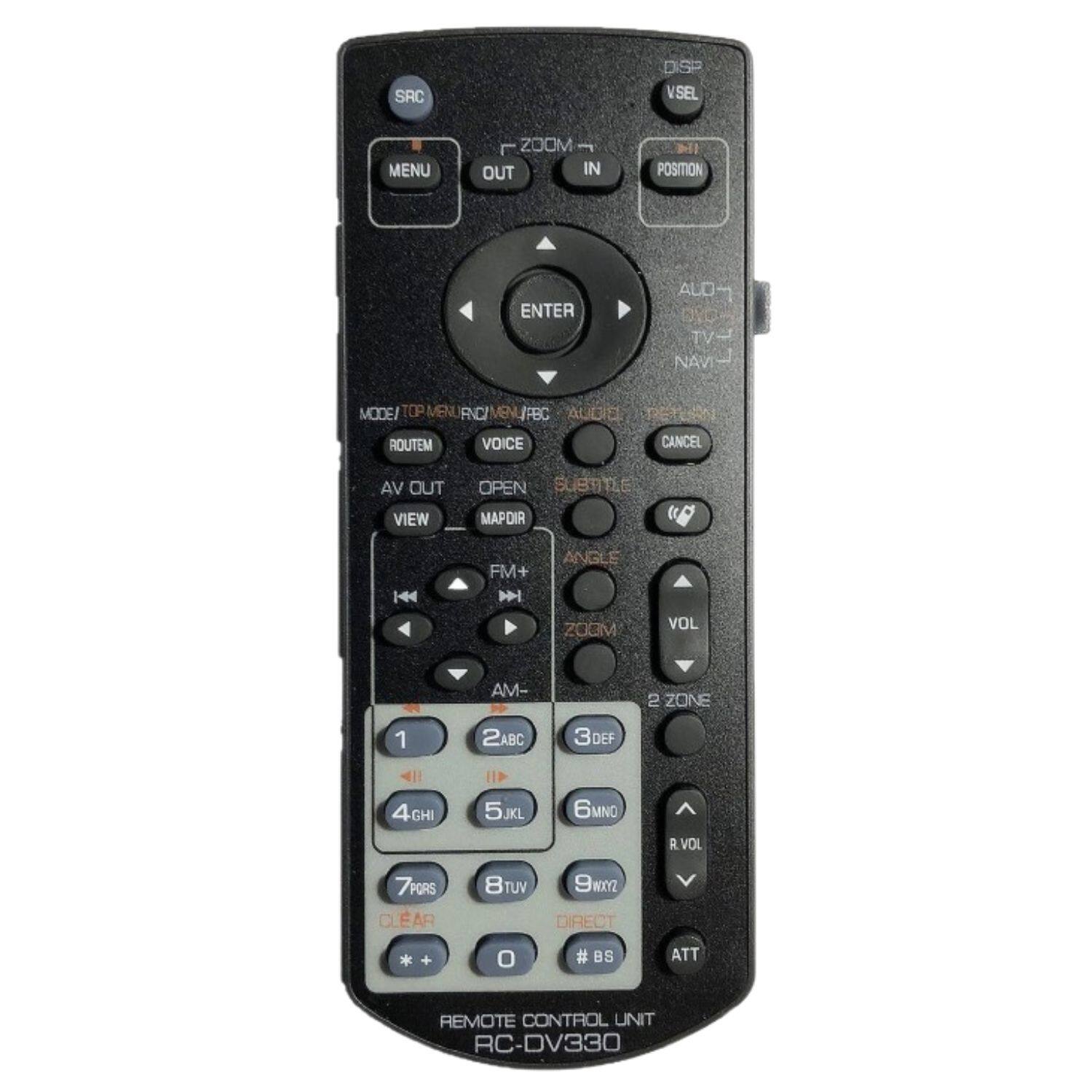 SRC DISP VSEL MENU ZOOM OUT IN POSITION ENTER AUD DYCH TV NAVI MODE/TOP MENU ANC/MENU FEC MODE ENLFBC AUDIE RETEN ROUTEM VOICE CANCEL AV OUT OPEN SUBTITLE VIEW MAPDIR 144 FM+ NH ANGLE ZOOM VOL AM- 2 ZONE 1 2ABC 3DEF 4GHI 5JKL 6MNO 7PQRS 8TUV 9WXYZ 0 # BS ATT REMOTE CONTROL UNIT RC-DV330