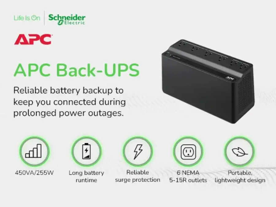 APC Back-UPS: Reliable battery backup to keep you connected during prolonged power outages. 450VA/255W Long battery runtime, Reliable 6 NEMA Portable, surge protection, 5-15R outlets, lightweight design.