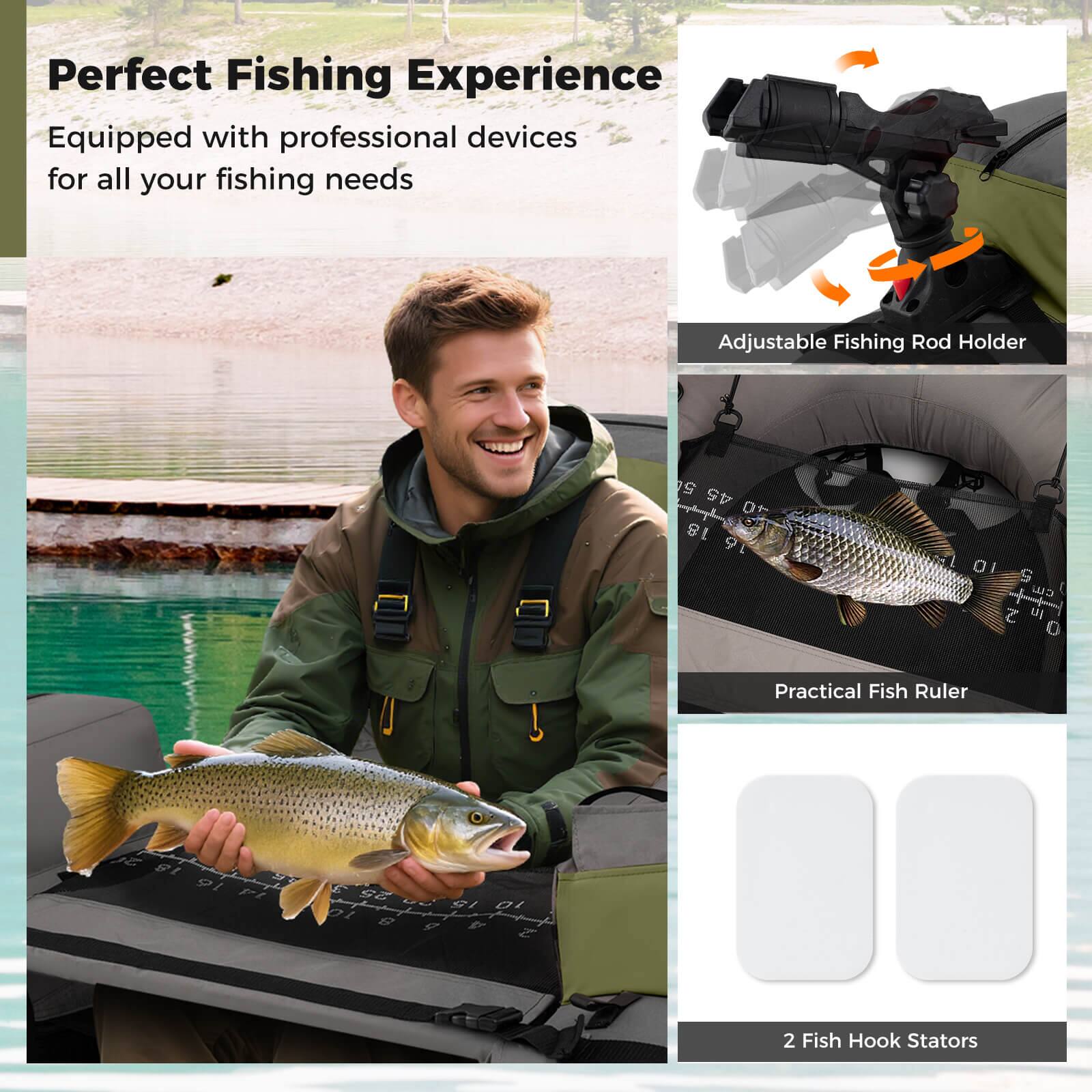 Perfect Fishing Experience  
Equipped with professional devices for all your fishing needs  

Adjustable Fishing Rod Holder  

Practical Fish Ruler  

2 Fish Hook Stators