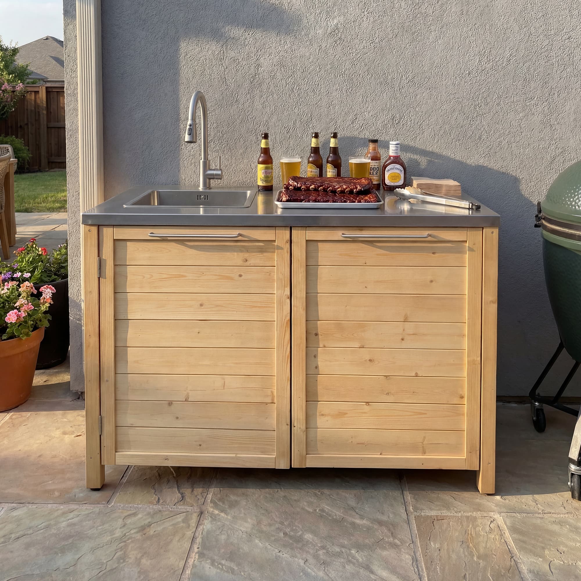 Famapy - Modular Solid Cedar Outdoor Kitchen Cabinets - All-Weather Storage with Stainless Steel Top for Patio, Grill Station - Wooden