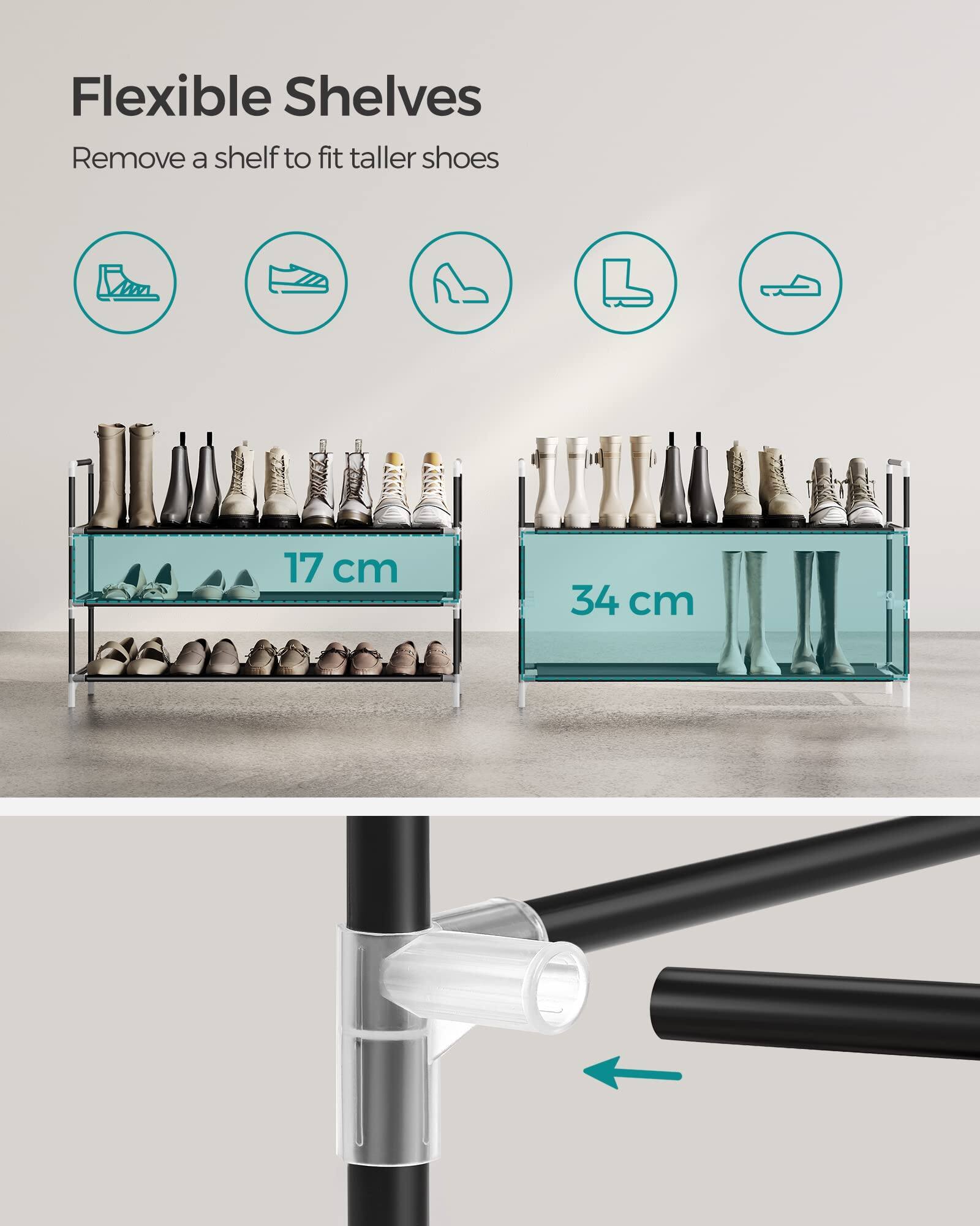 Flexible Shelves  
Remove a shelf to fit taller shoes  

17 cm  
34 cm