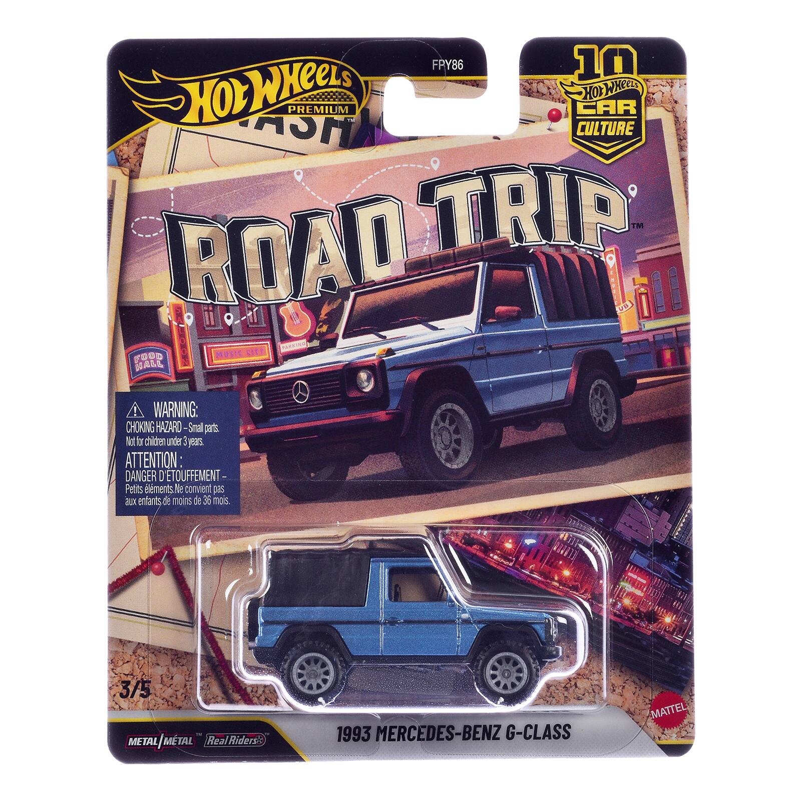 FPY86 10 HOT WHeels ASH PREMIUM CAR HOT WHEELS CULTURE ROAD TRIP TM MUSIC CITY FOOD HALL

WARNING: CHOKING HAZARD - Small parts. Not for children under 3 years. ATTENTION DANGER D'ÉTOUFFEMENT - Petits éléments. Ne convient pas aux enfants de moins de 36 mois.

3/5 TV METAL/MTAL RealRiders

1993 MERCEDES-BENZ G-CLASS

MATTEL