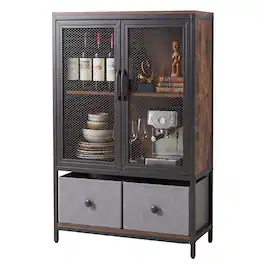 Costway - Industrial Coffee Bar Cabinet, Farmhouse Cabinet with 2-Tier Storage Compartment - Rustic Brown + Black