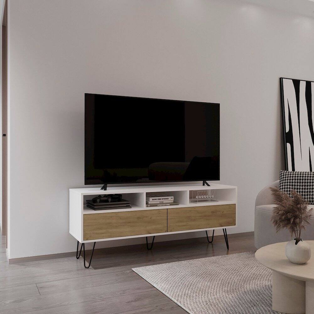 Alt View 3. TuHome - Tori 54" Wide TV Stand White - Natural Oak MDF - White.