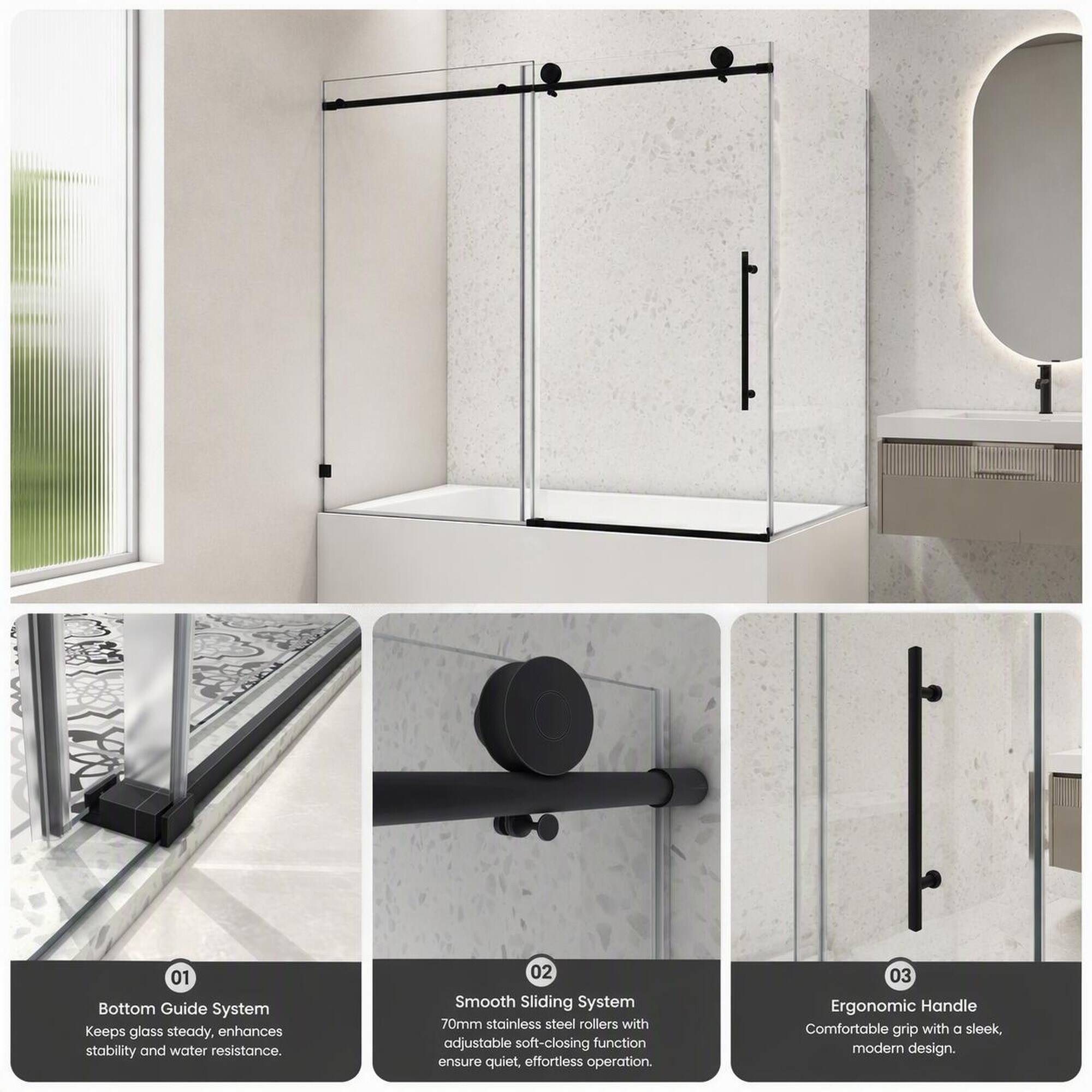 01 Bottom Guide System  
Keeps glass steady, enhances stability and water resistance.

02 Smooth Sliding System  
70mm stainless steel rollers with adjustable soft-closing function ensure quiet, effortless operation.

03 Ergonomic Handle  
Comfortable grip with a sleek, modern design.