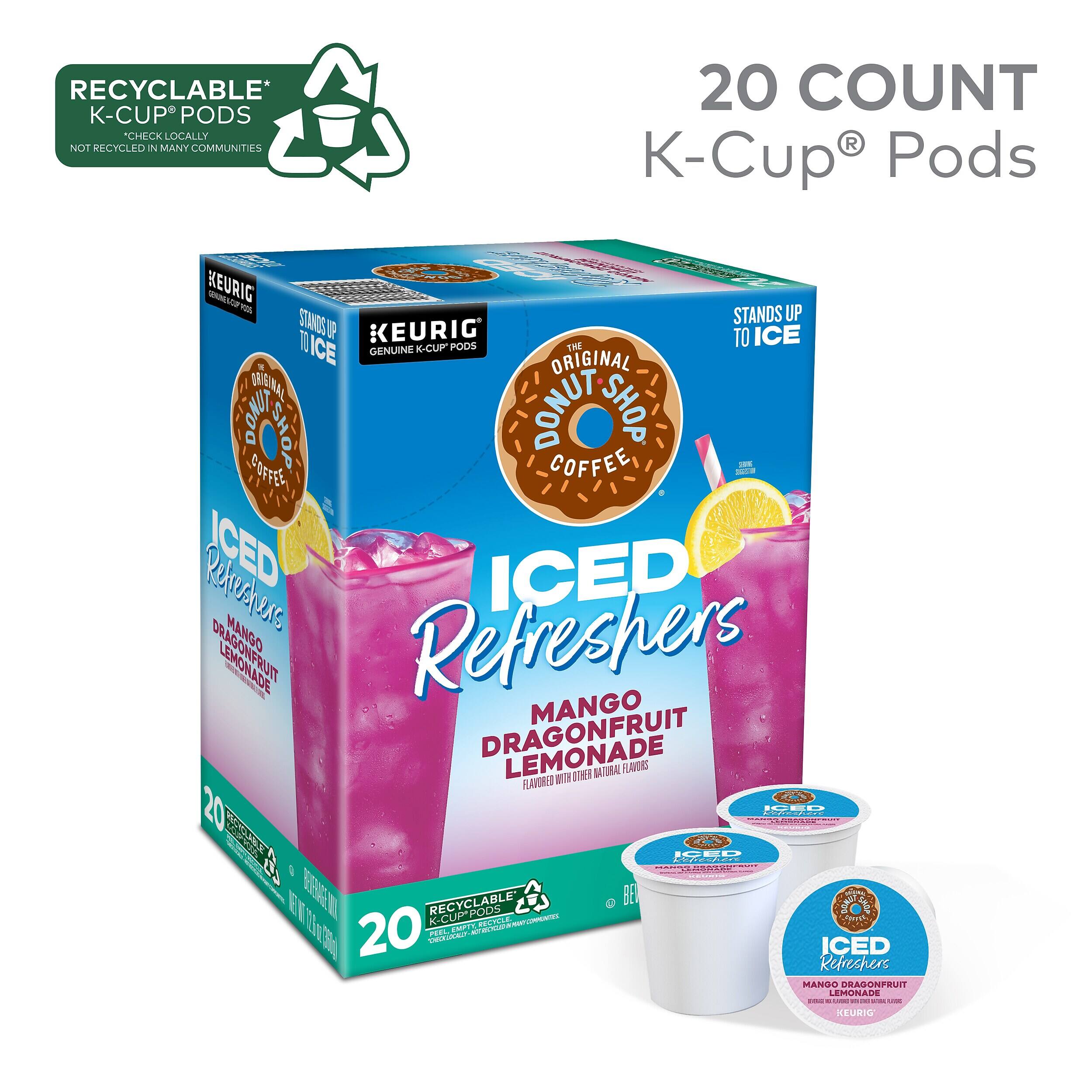 RECYCLABLE* K-CUP PODS CHECK LOCALLY NOT RECYCLED IN MANY COMMUNITIES 20 COUNT K-Cup Pods KEURIG STANDS UP TO ICE GENUINE K-CUP ORIGINAL THE ORIGINAL DONUT SHOP COFFEE ICED Refreshers MANGO DRAGONFRUIT LEMONADE NATURAL FLAVORS
