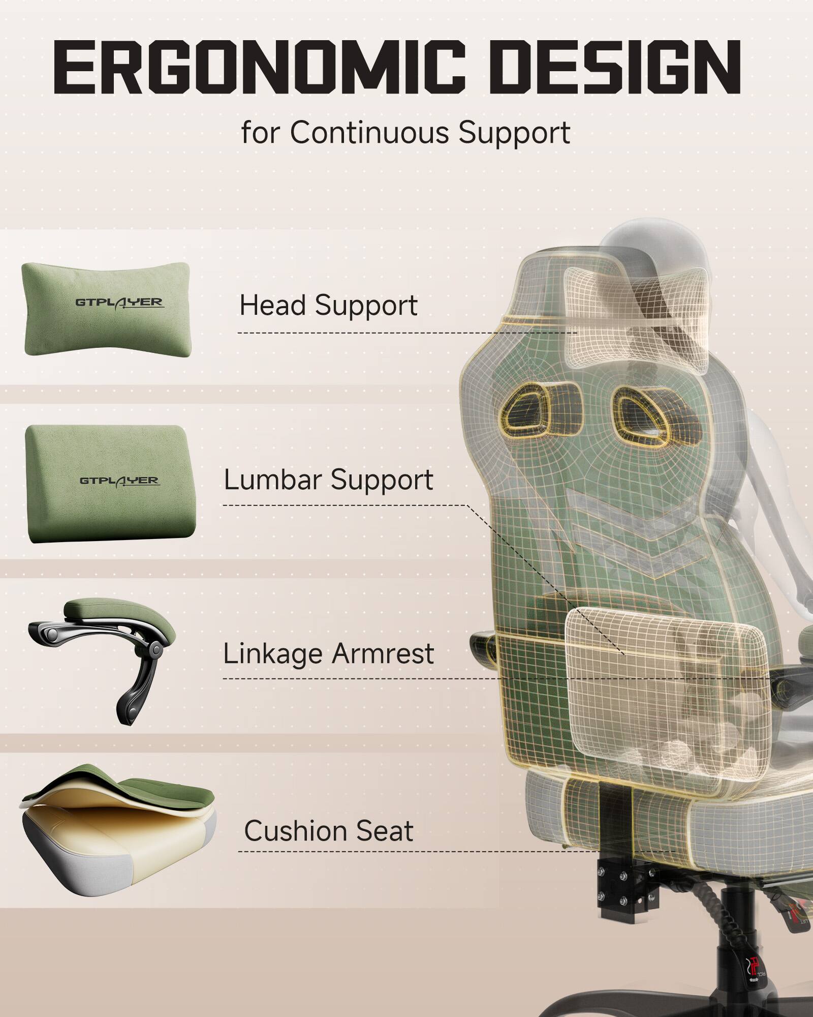 ERGONOMIC DESIGN for Continuous Support

- Head Support
- Lumbar Support
- Linkage Armrest
- Cushion Seat