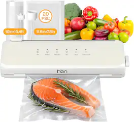 HBN - Vacuum Sealer Machine, Compact Food Sealer, Auto, Double Heat Seal, Built-in Cutter, 1 Roll & 20 Bags - White