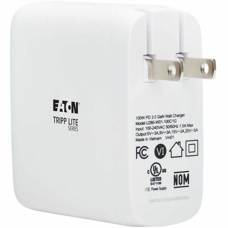 EATON TRIPP LITE SERIES

100W PD 3.0 GaN Wall Charger  
Model: U280-W01-100C1G  
Max 50/60Hz 1.5A Max  
Input: 100-240VAC  
Output: 5V=3A, 9V=3A, 15V=3A, 20V=5A  
Made in Vietnam Vm01  

FC VI  
C UL LISTED E471186  
NOM  
ITE Power Supply  
3047ACVCUBA2B00002