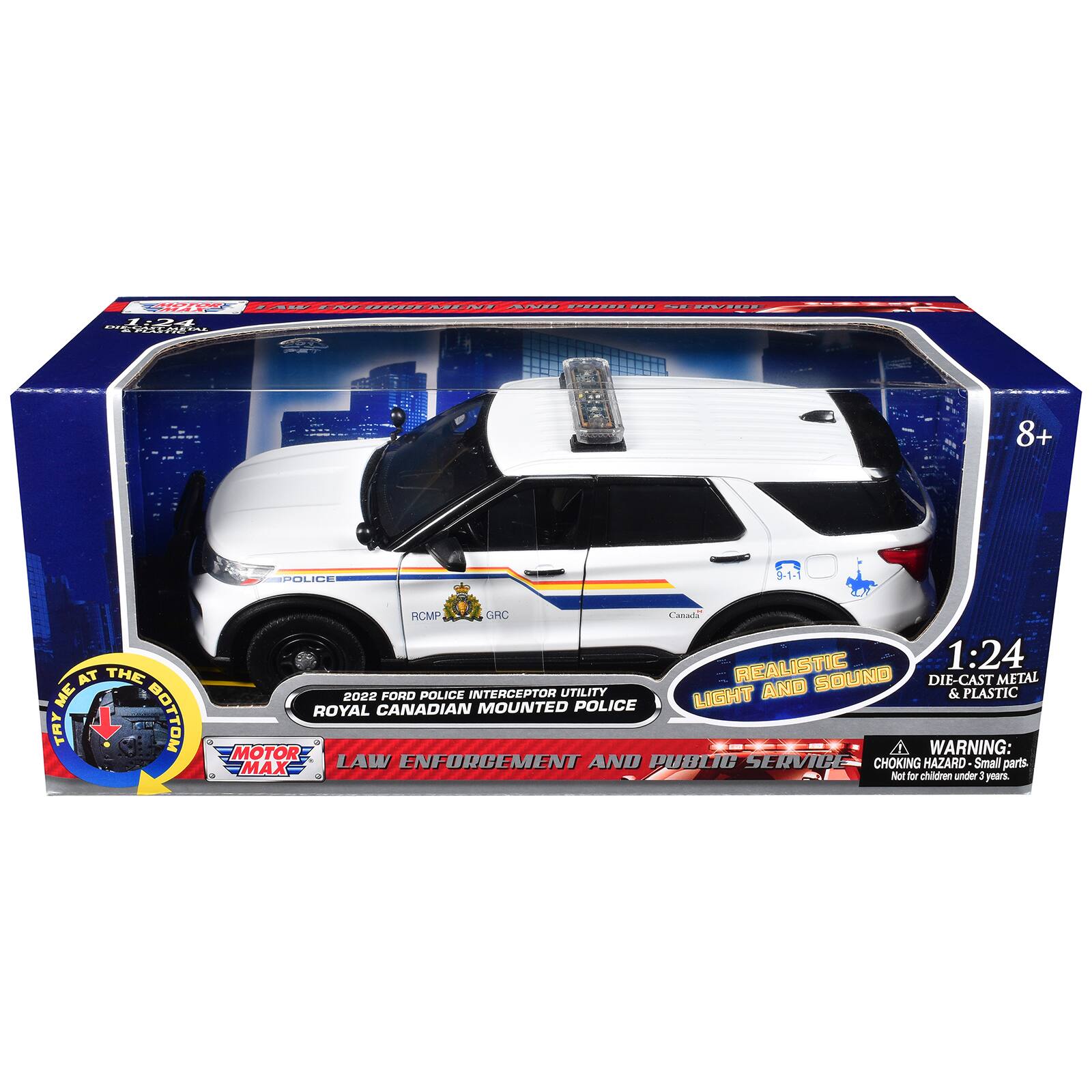 CA - I- - MINY - E - - ..A.SS MERAN  
8+ POLICE 9-1-1 AT THE ME TAY BOTTOM RCMP GRC anaa REALISTIC 1:24 SOUND DIE-CAST METAL 2022 FORD POLICE INTERCEPTOR UTILITY LIGHT AND & PLASTIC ROYAL CANADIAN MOUNTED POLICE MOTOR  
WARNING: MAX LAW ENFORCEMENT AND PUBLIC SERVICE CHOKING HAZARD Small parts. Not for children under 3 years