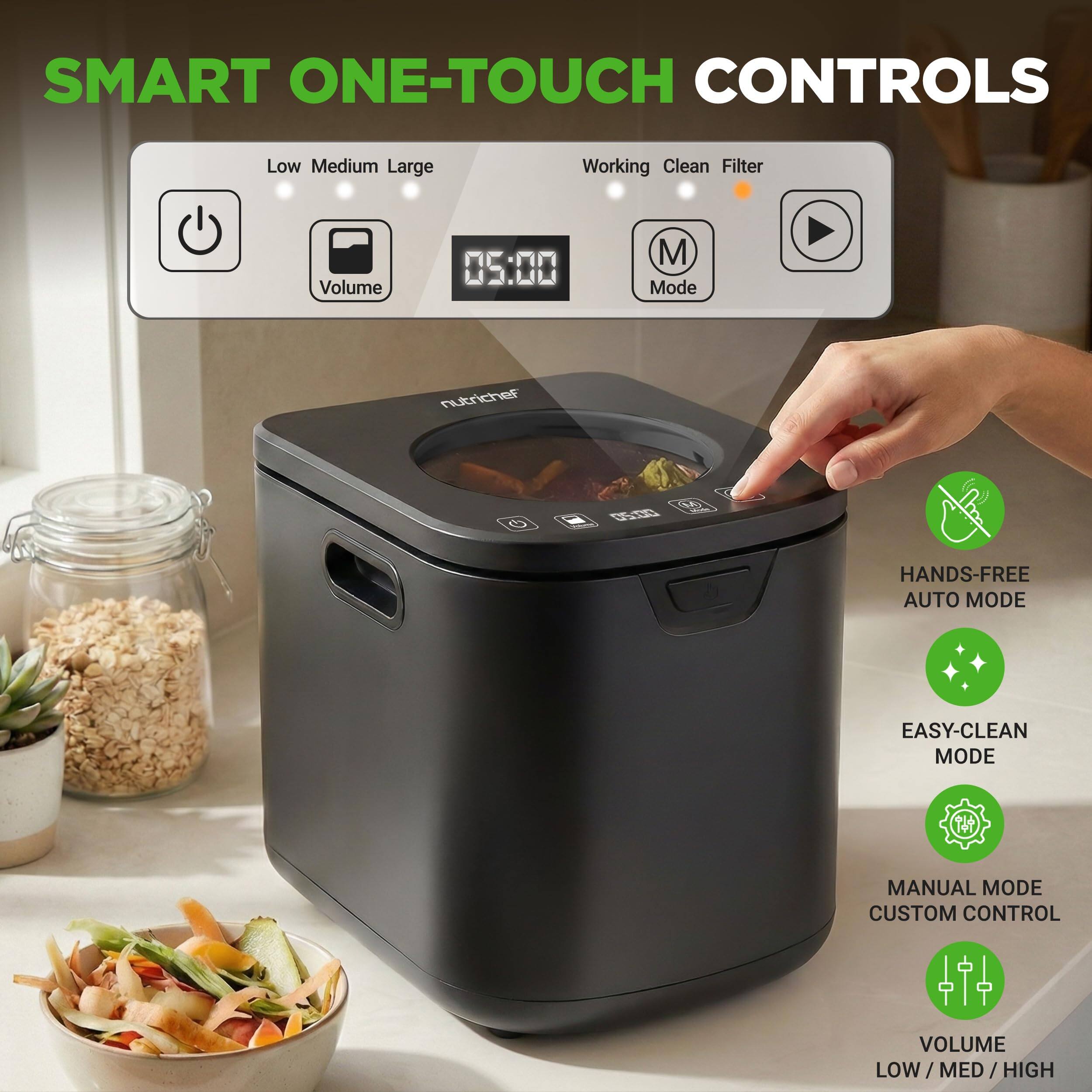 SMART ONE-TOUCH CONTROLS

Low Medium Large  
Working Clean Filter  
Volume 05:00  
M Mode  

HANDS-FREE AUTO MODE  
EASY-CLEAN MODE  
MANUAL MODE CUSTOM CONTROL  
VOLUME LOW/MED/HIGH