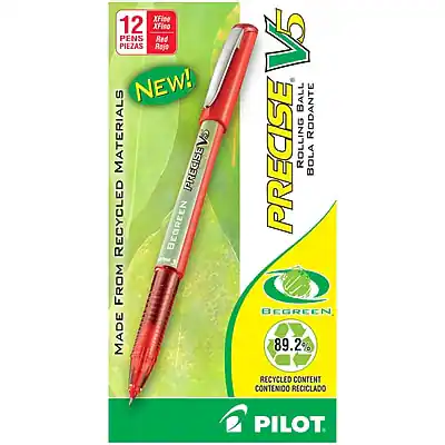 Sure, here is the corrected and grouped text from the image:
---
**12 XFine Red Pens / 12 PENS Rojo PIEZAS**
**NEW!**
**PRECISE ROLLING BALL / BOLA RODANTE PRECISE**
**MADE FROM RECYCLED MATERIALS / HECHO CON MATERIALES RECICLADOS**
**BEGREEN**
**89.2% RECYCLED CONTENT / CONTENIDO RECICLADO 89.2%**
**PILOT**
---
This text is organized to reflect the information on the packaging accurately.