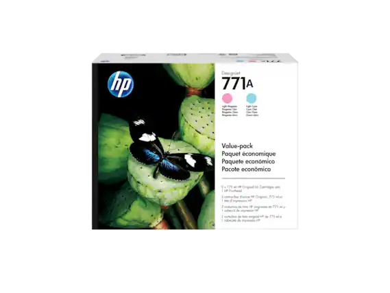 Sure, here is the corrected and grouped text:
---
**hp DesignJet 771A**
**Value-pack**
Paquet économique
Paquete económico
Pacote econômico
**2 x 775 ml HP Original Ink Cartridges and 1 HP Printhead**
2 cartouches d'encre HP Original, 775 ml et 1 tête d'impression HP
2 cartuchos de tinta original HP de 775 ml y 1 cabezal de impresión HP
2 cartuchos de tinta original HP de 775 ml e 1 cabeçote de impressão HP
**Light Magenta**
Magenta Claro
Magenta claro
Magenta claro
**Light Cyan**
Ciano Claro
Ciano claro
Ciano claro
---
This text is organized to reflect the product details and specifications as shown on the image.