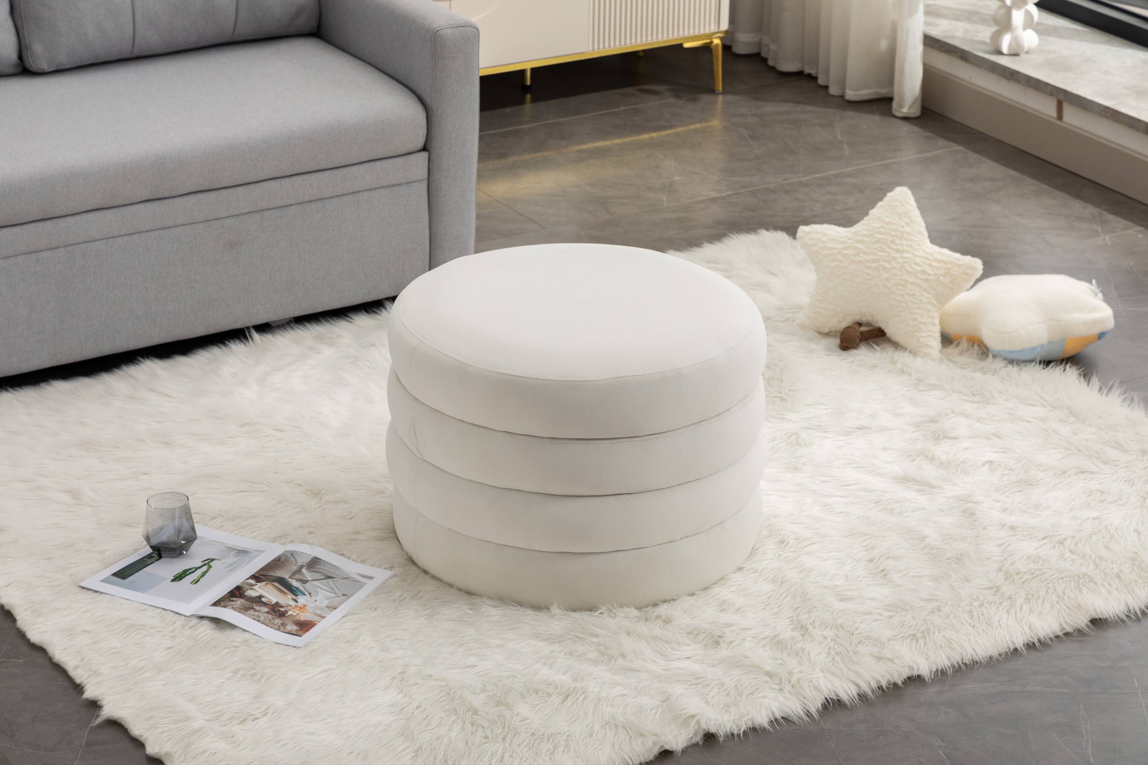 Alt View 2. GOODSILO - Soft Velvet Round Ottoman Footrest Stool with Wooden Frame for Living Room and Bedroom Comfortable Seating - Ivory.