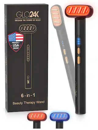 GLO24K
UNLEASH THE POWER OF GOLD
PROUDLY USA BRAND
6-in-1 Beauty Therapy Wand