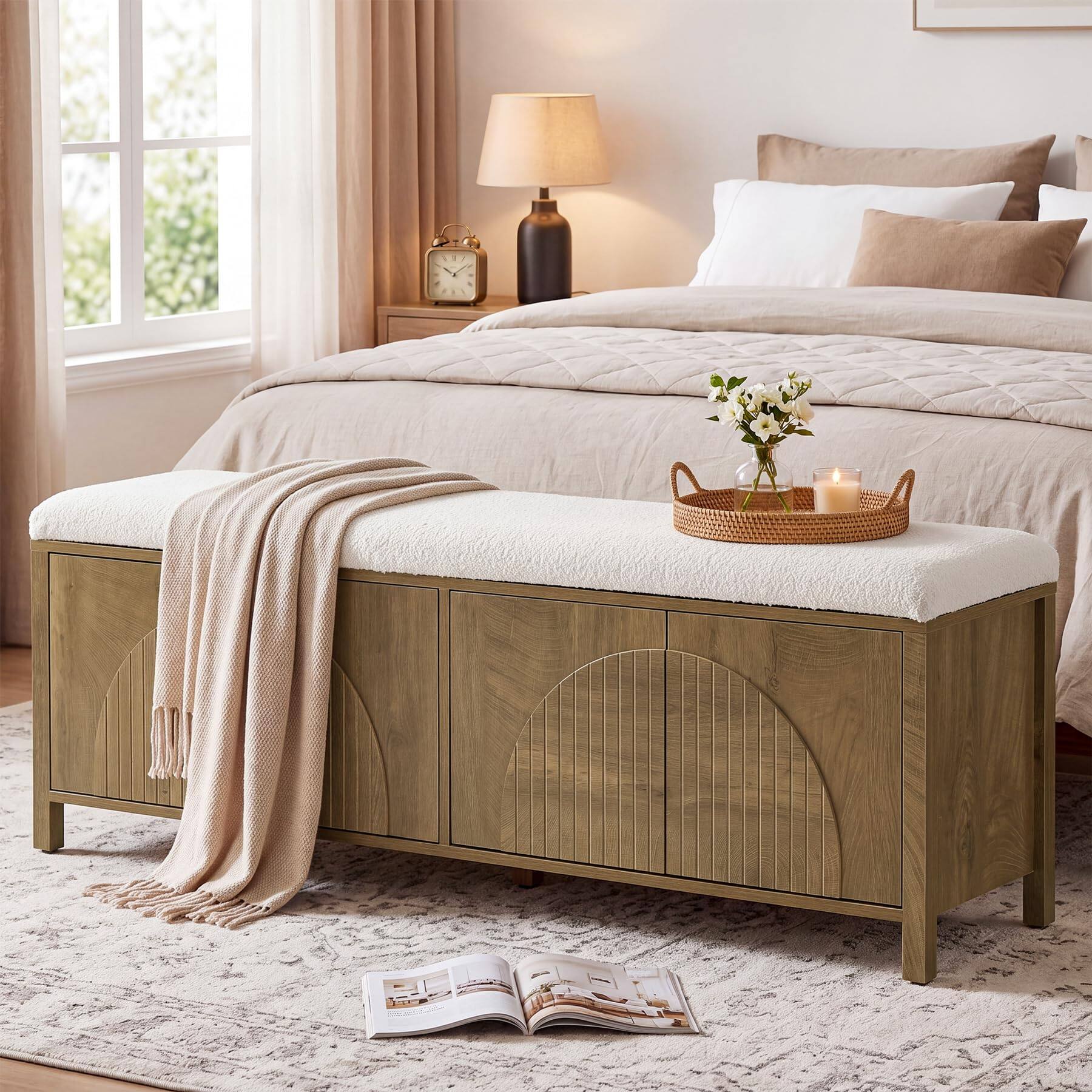 Back. Tribesigns - 55" Shoe Storage Bench with Cushion, Farmhouse Entryway Bench - Brown.