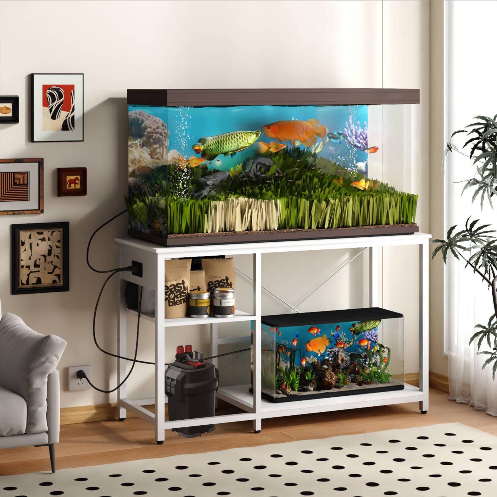 Left. HOMLUX - 55-75 Gallon Fish Tank Stand with Power Outlet & LED Light, Metal Aquarium Stand, White - White.