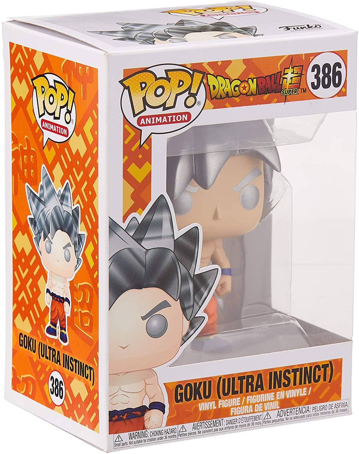 **Front:**
- POP! Animation
- Dragon Ball Super
- 386
- Goku (Ultra Instinct)

**Side:**
- POP! Animation
- Goku (Ultra Instinct)
- 386

**Bottom:**
- WARNING: CHOKING HAZARD - Small parts. Not suitable for children under 36 months.
- AVERTISSEMENT: DANGER D'ETOUFFEMENT - Ne convient pas aux enfants de moins de 36 mois.
- ADVERTENCIA: PESEGO DE ASFIXIA - Peligro de asfixia. No es adecuado para niños menores de 36 meses.

**Back:**
- POP! Animation
- Dragon Ball Super
- Goku (Ultra Instinct)
- Vinyl Figure / Figurine en Vinyle / Figura de Vinil
- WARNING: CHOKING HAZARD - Small parts. Not suitable for children under 36 months.
- AVERTISSEMENT: DANGER D'ETOUFFEMENT - Ne convient pas aux enfants de moins de 36 mois.
- ADVERTENCIA: PESEGO DE ASFIXIA - Peligro de asfixia.