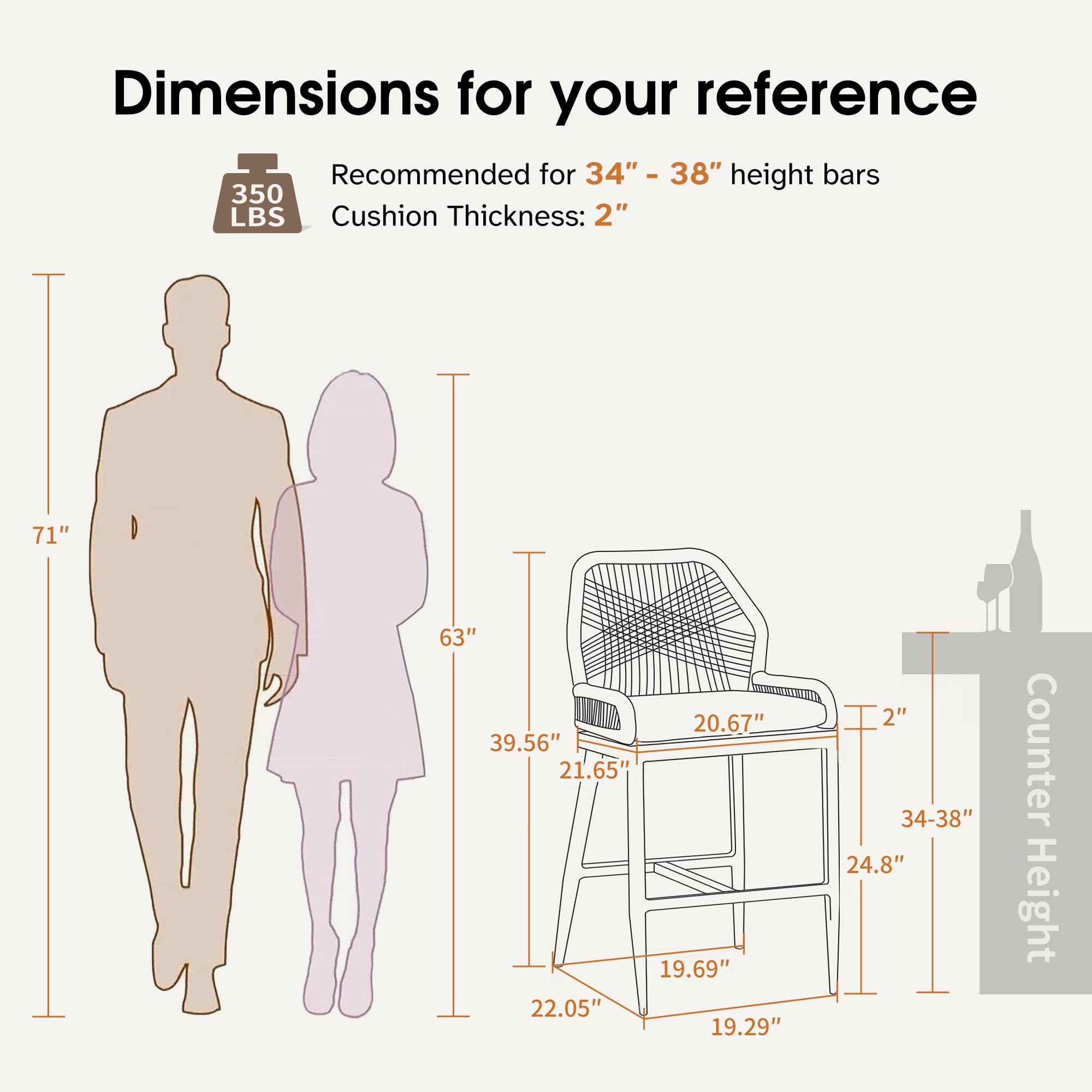 Dimensions for your reference

Recommended for 34" - 38" height bars  
Cushion Thickness: 2"

- 71"
- 63"
- 39.56"
- 21.65"
- 22.05"
- 19.69"
- 19.29"
- 20.67"
- 24.8"
- 2"

Counter Height: 34-38"  
350 LBS