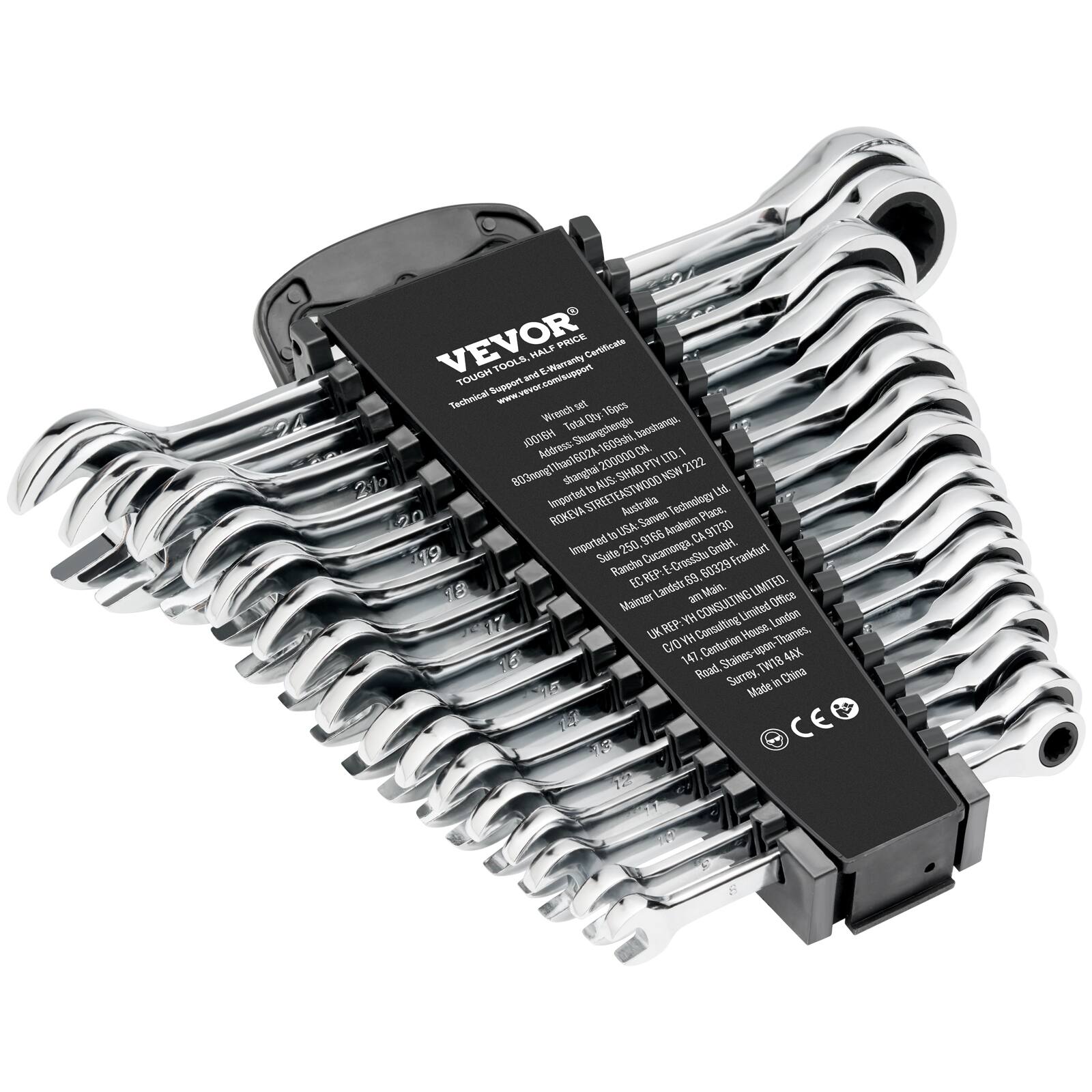 VEVOR - Combination Wrench Set, 16-Piece Ratcheting Wrench Set with Organizer Rack, Cr-V Steel Wrench Set Metric 8 mm to 24 mm - Silver