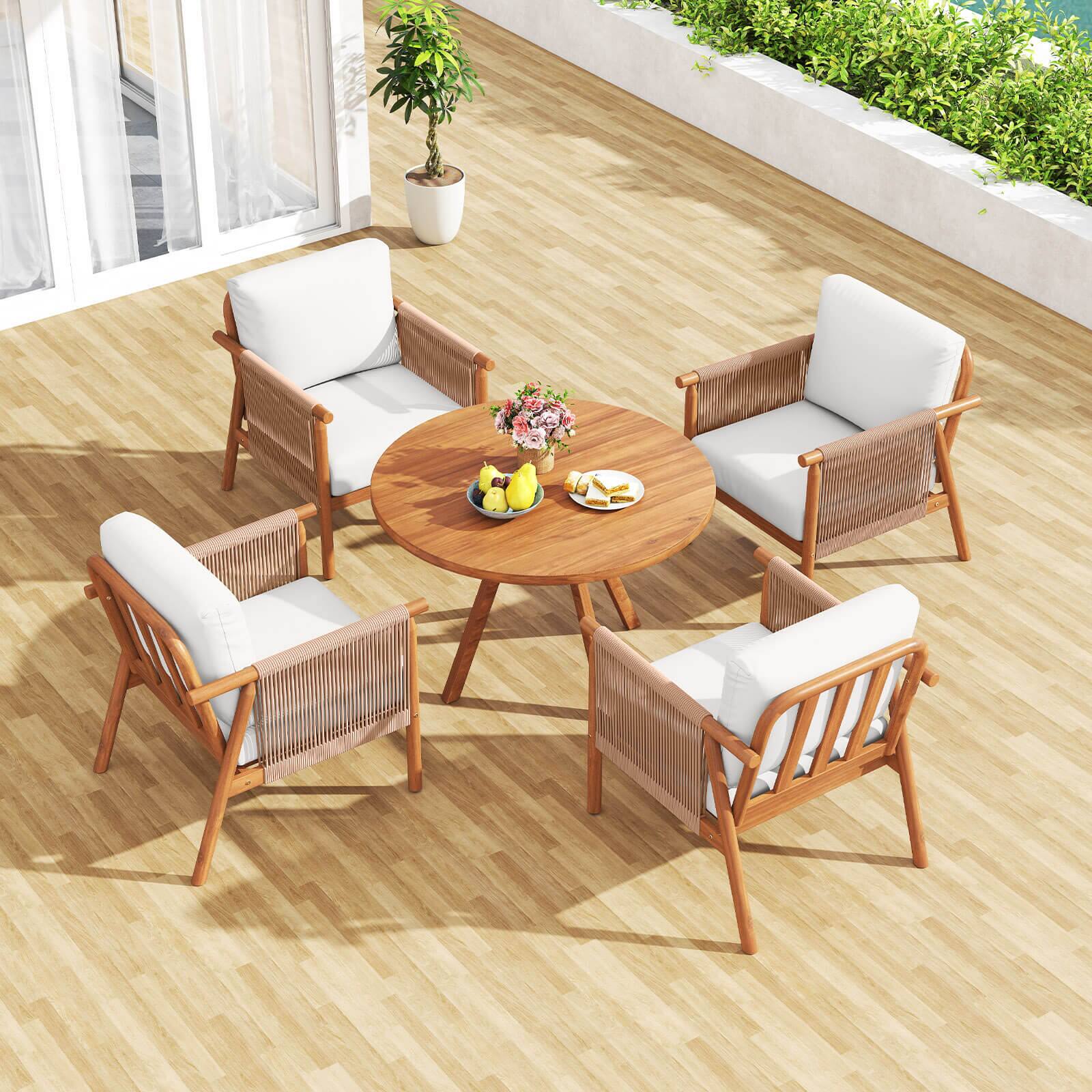 Alt View 4. Costway - Costway Patio Acacia Wood Chair with Woven Rope Armrests & Seat Back Cushions for Backyard - Natural + White.
