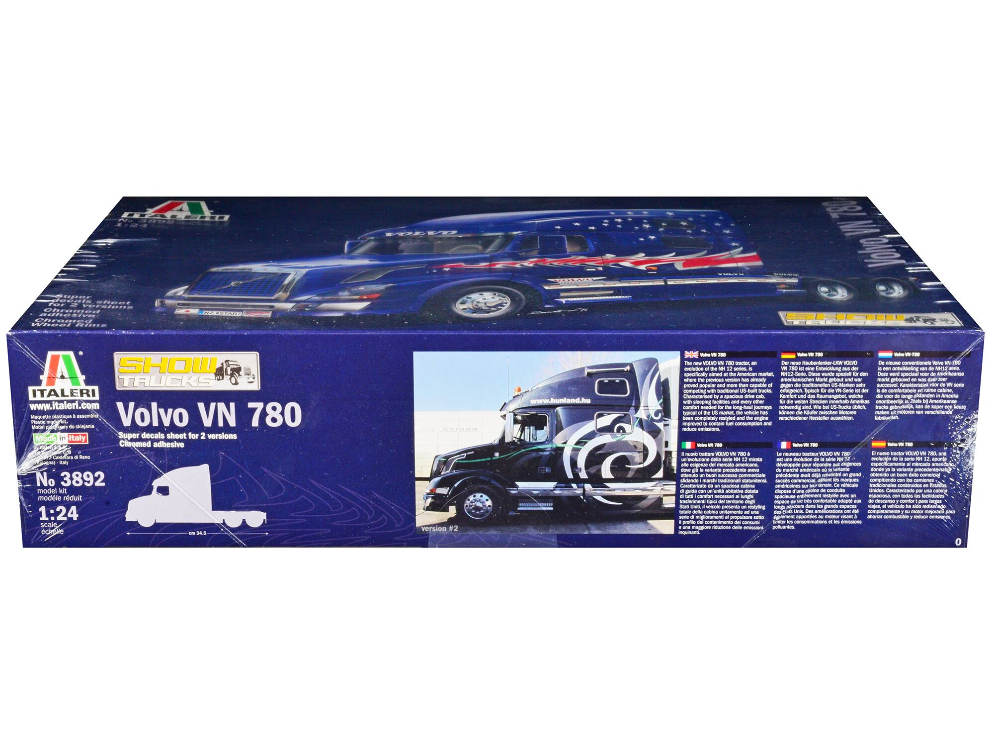 Sure, here is the corrected and grouped text from the image:

---

**ITALERI**  
www.italeri.com  
Made in Italy

**SHOW TRUCKS**  
Volvo VN 780  
Super decals sheet for 2 versions  
Chromed adhesive

**No 3892**  
Modelle réduit  
1:24  
échelle

---

**Volvo VN 780**  
The new Volvo VN 780 is a unique truck, designed to meet the needs of the most demanding customers. It offers improved fuel consumption and reduced emissions, making it an ideal choice for long-haul operations. The truck is equipped with a powerful engine and advanced technology, ensuring high performance and reliability.

---

**Version #1**  
[Image of a blue truck with decals]

**Version #2**  
[Image of a black truck with decals]

---

**www.hunland.hu**

---

**Volvo VN 780**  
The new Volvo VN 780 is a unique truck, designed to meet the needs of the most demanding customers. It offers improved fuel consumption and reduced emissions, making it an ideal choice for long-haul operations. The truck is equipped with a powerful engine