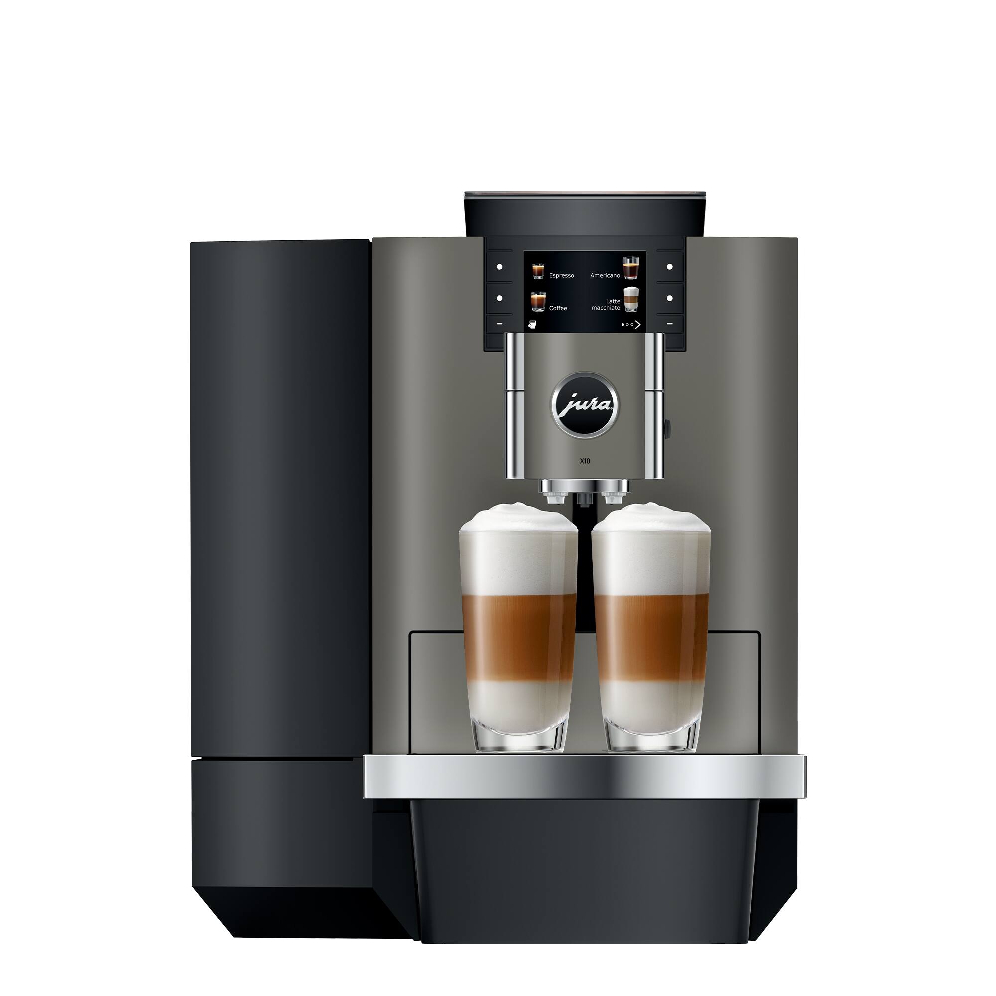 The image features a Jura coffee machine, which is a brand known for its high-quality coffee and espresso machines. The machine is designed to make coffee and espresso drinks, such as cappuccinos and lattes, and it is equipped with a built-in frother for added texture and flavor. The machine is currently dispensing two cups of coffee, one on the left and one on the right, showcasing its functionality and efficiency.