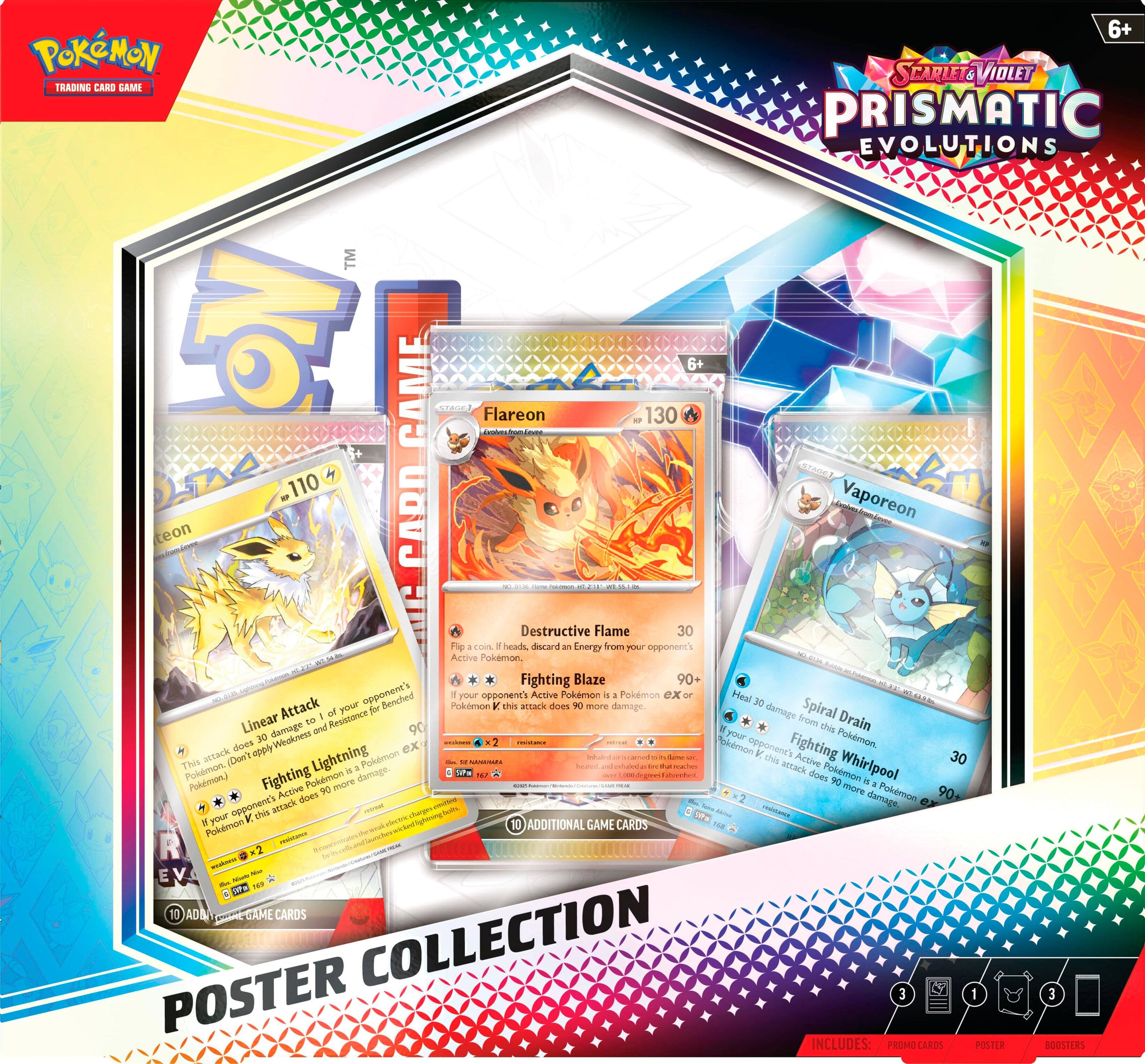 The image features a collection of Pokemon cards, including a Flareon card, a Vaporeon card, and a Destructive Flame card. The cards are displayed in a colorful box, which also contains additional game cards. The collection includes a poster of the cards, making it a visually appealing and enjoyable display for Pokemon enthusiasts.