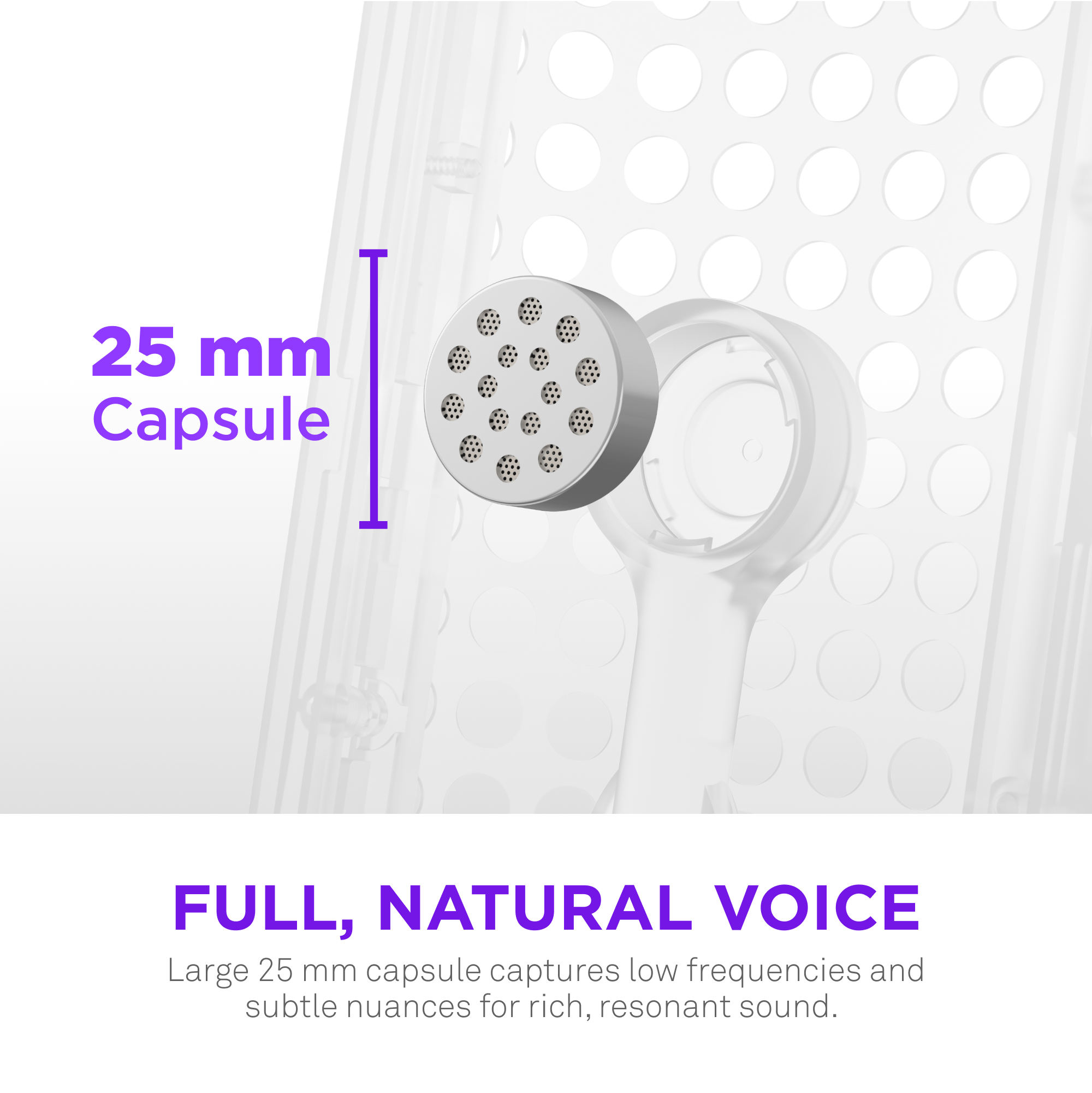 25 mm Capsule

FULL, NATURAL VOICE

Large 25 mm capsule captures low frequencies and subtle nuances for rich, resonant sound.