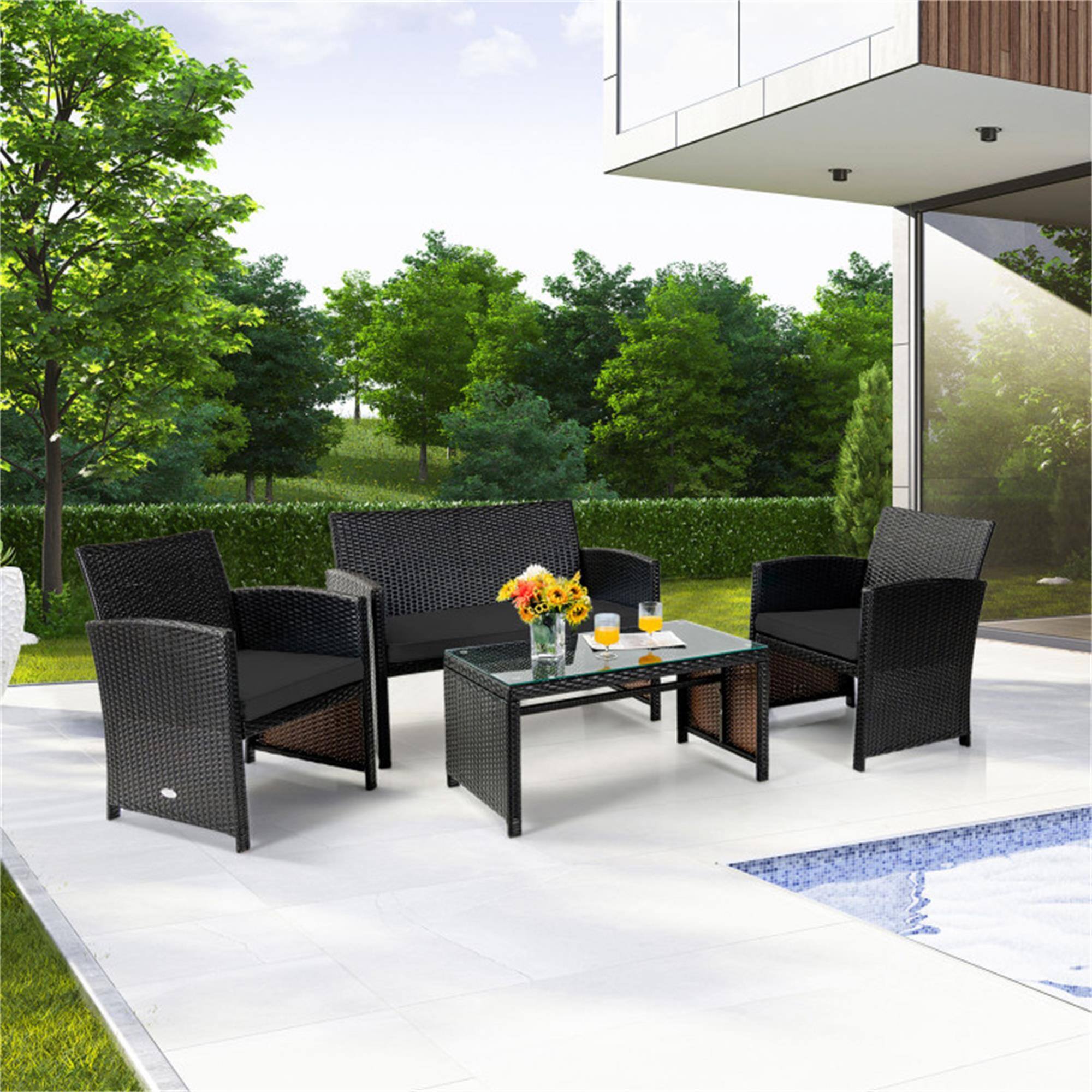Alt View 3. Boyel Living - Black 4 Pieces Patio Rattan Cushioned Furniture Set with Coffee Table 46.5-in L x 31-in W x 25-in H - Black.