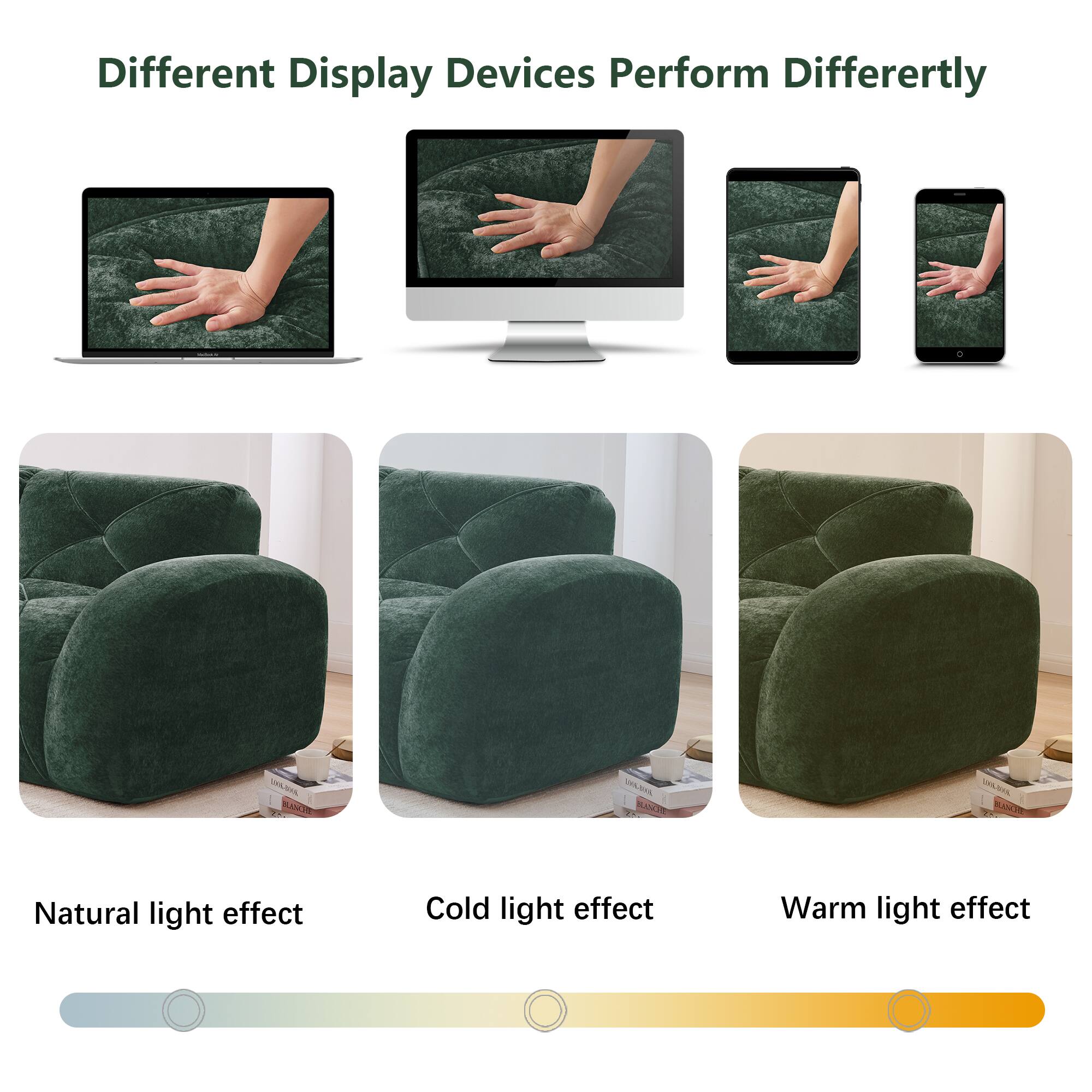 Different Display Devices Perform Differently

Natural light effect  
Cold light effect  
Warm light effect