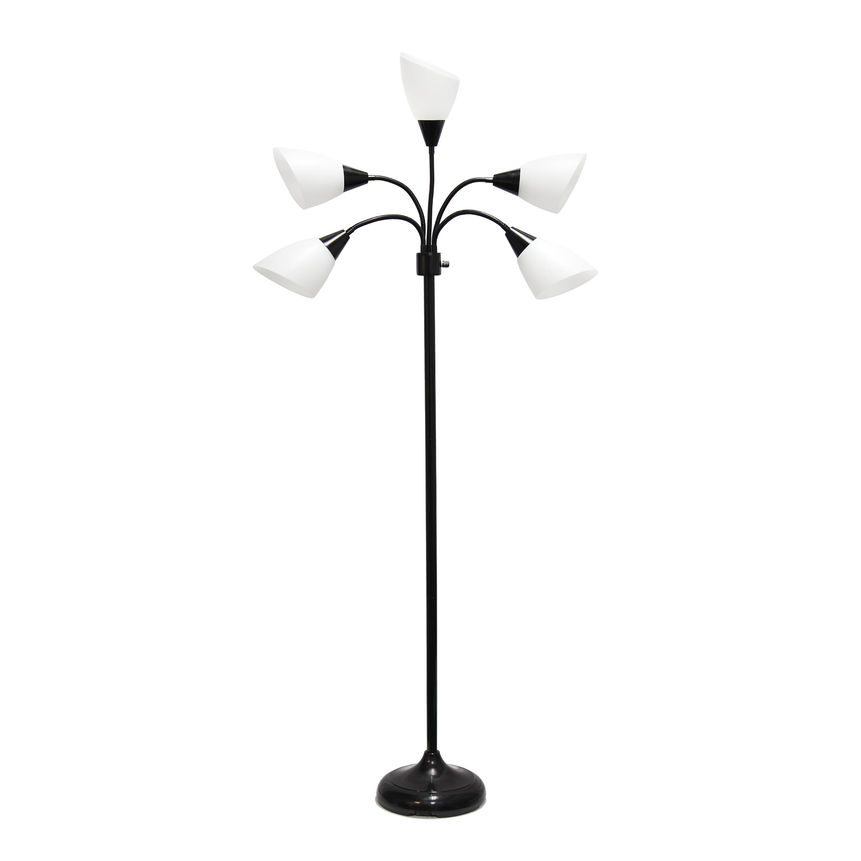 Front. Simple Designs - Simple Designs 5 Light Adjustable Gooseneck Floor Lamp - Black/White Shades.