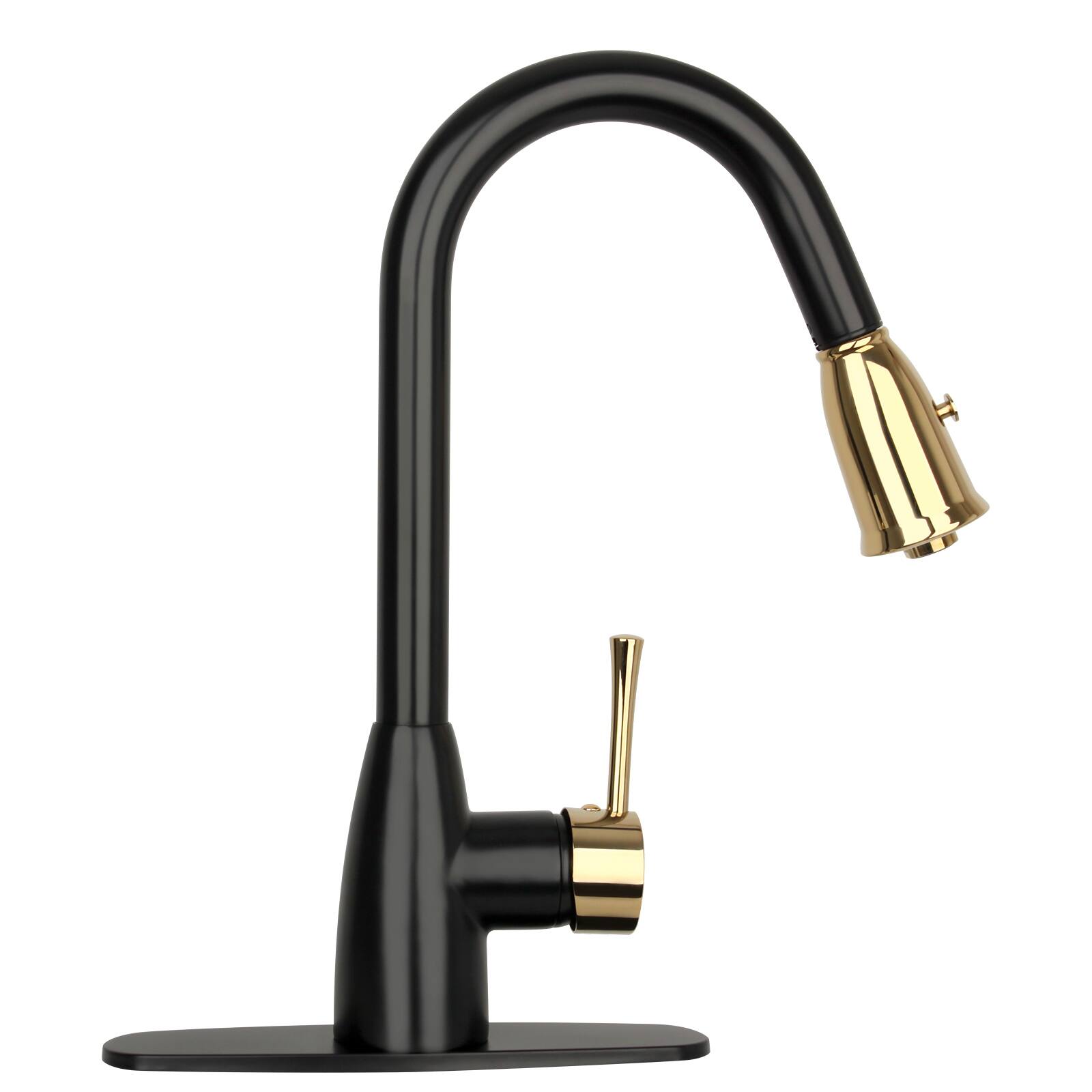 Alt View 2. Akicon - Akicon One-Handle Solid Brass Kitchen Faucet with Pull Down Sprayer in Matte Black & Gold - Matte Black & Gold.