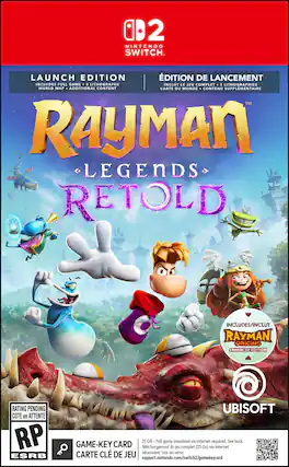 0D2 NINTENDO SWITCH. LAUNCH EDITION EDITION DE LANCEMENT INCLUDES FULL GAME 3 LITHOGRAPHS INCLUT LE JEU COMPLET 3 LITHOGRAPHIES WORLD MAP ADDITIONAL CONTENT CARTE DU MONDE CONTENU SUPPLEMENTAIRE TM RAYMAN LEGENDS RETOLD INCLUDES/INCLUT RAYMAN ORIGINS ENHANCED EDITION RATING PENDING COTE en ATTENTE RP O GAME-KEY CARD 25 GB-Full game download jeu complet via (25 Go) via internet required. See back. CL ncessaire. Voir au verso. ESRB CARTE DE JEU support.nintendo.com/switch2/gamekeycard - RP (Rating Pending)