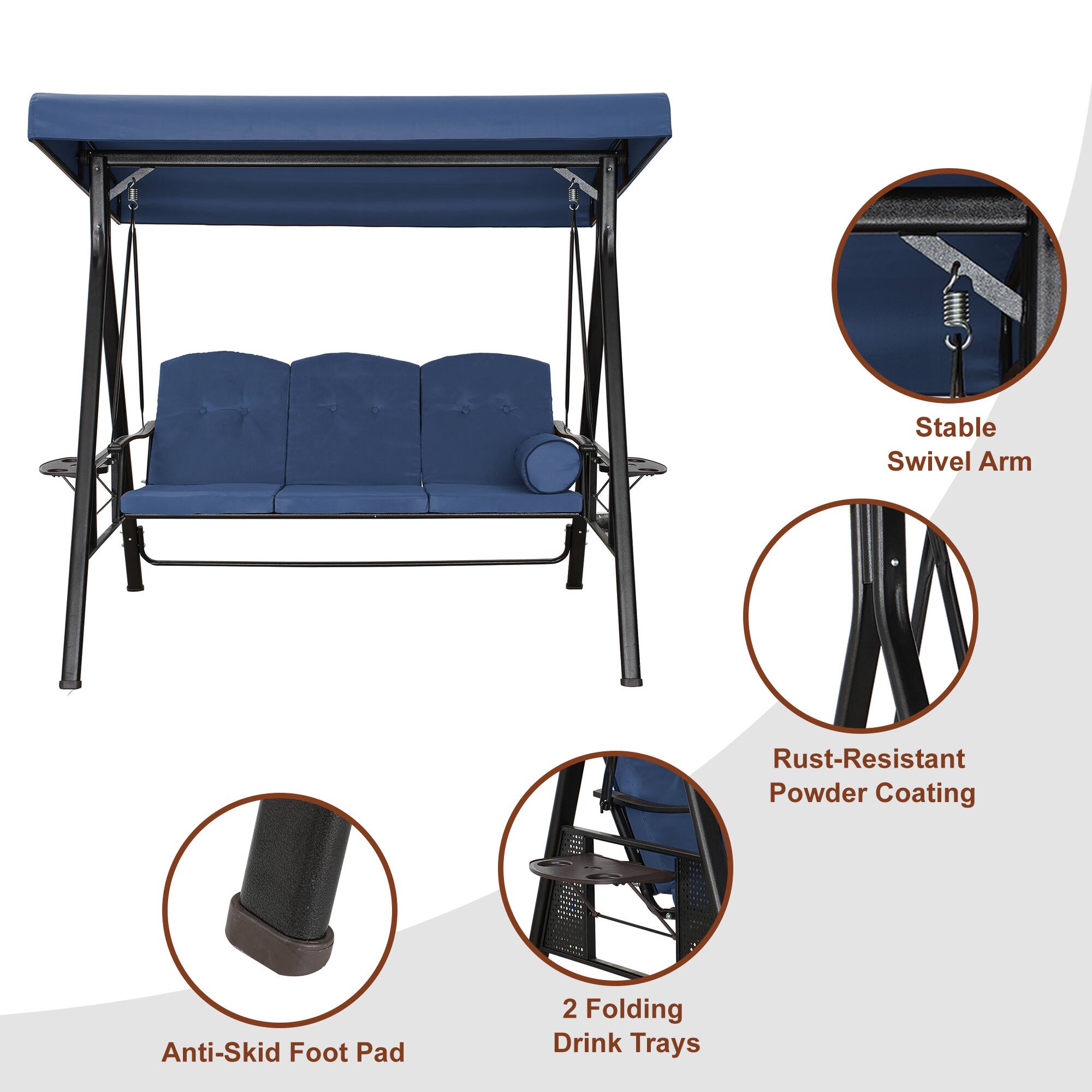 Stable Swivel Arm  
Rust-Resistant Powder Coating  
Anti-Skid Foot Pad  
2 Folding Drink Trays