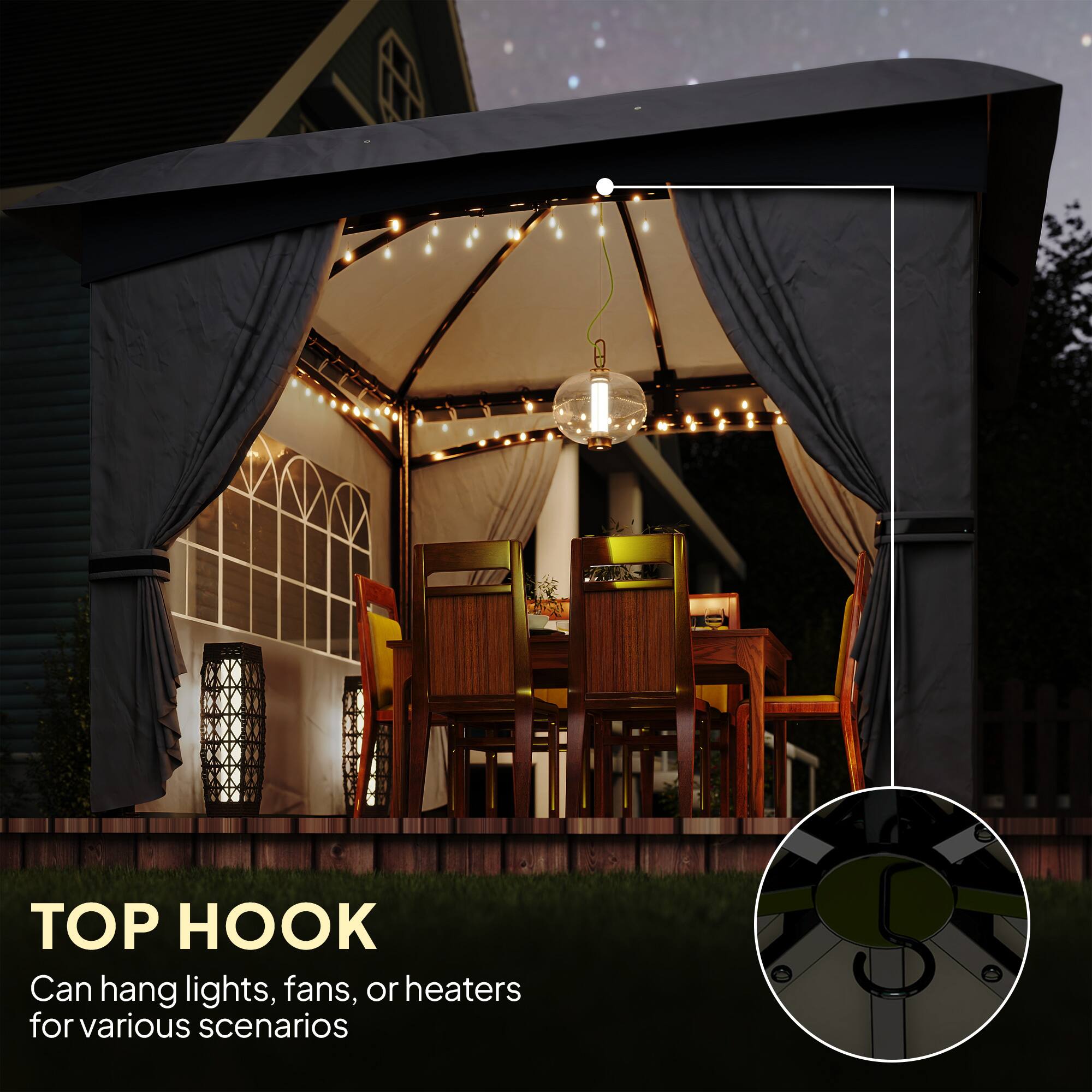 TOP HOOK  
Can hang lights, fans, or heaters for various scenarios