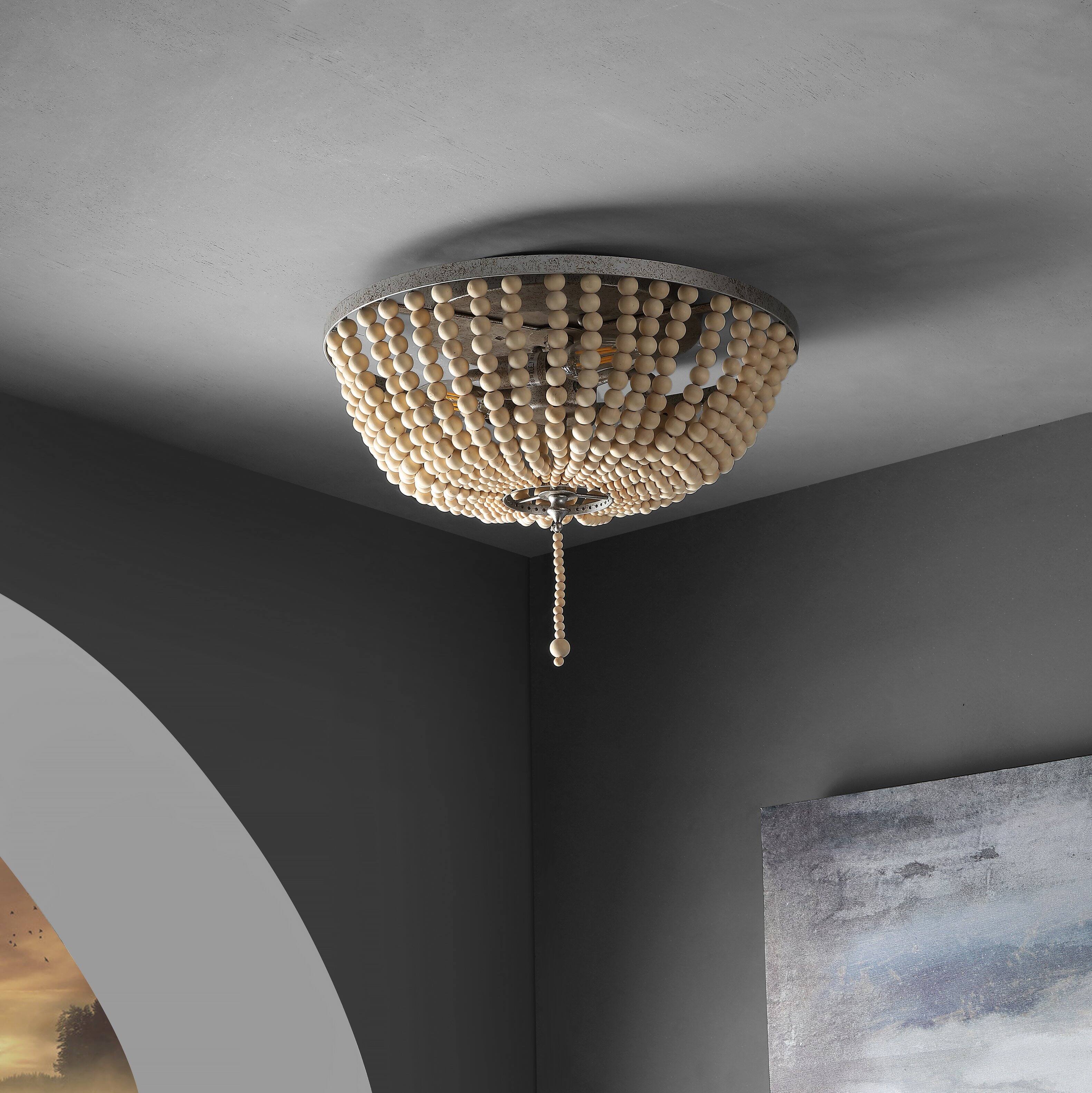 Alt View 4. Jonathan Y - Allison 15" 3-Light Shabby Chic Farmhouse Wood Beaded/Metal LED Flush Mount, Antique Silver/Cream - Antique Silver/Cream.