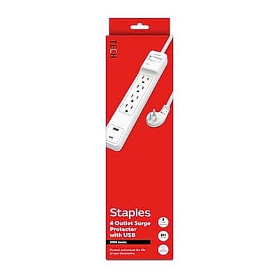 Photos - Surge Protector / Extension Lead Surge Staples TECH - 4-Outlet 2-USB Port  Protector, 3', 1800 Joules - White 