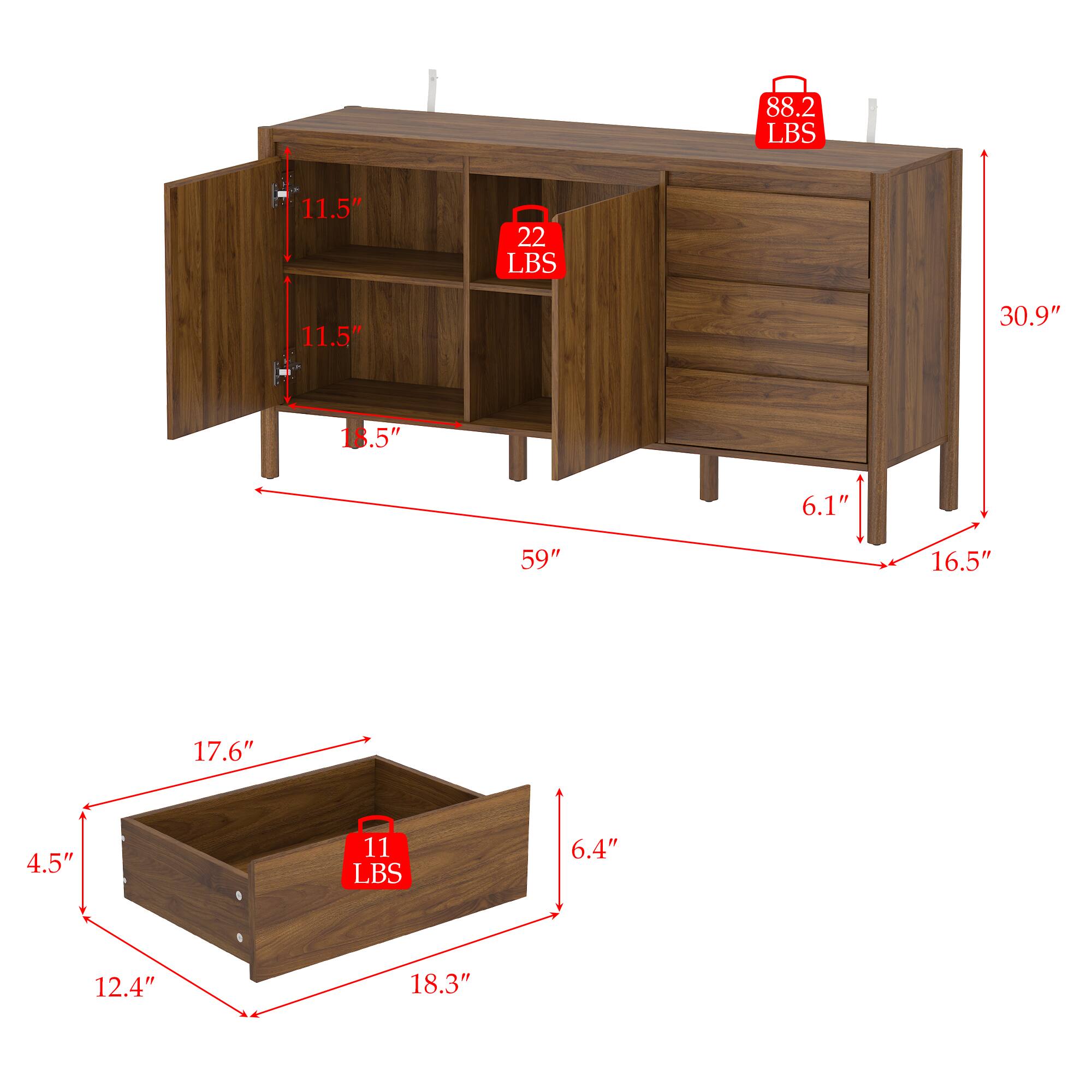 88.2 LBS, 22 LBS, 11 LBS, 11.5", 11.5", 30.9", 6.1", 59", 16.5", 17.6", 4.5", 6.4", 12.4", 18.3"