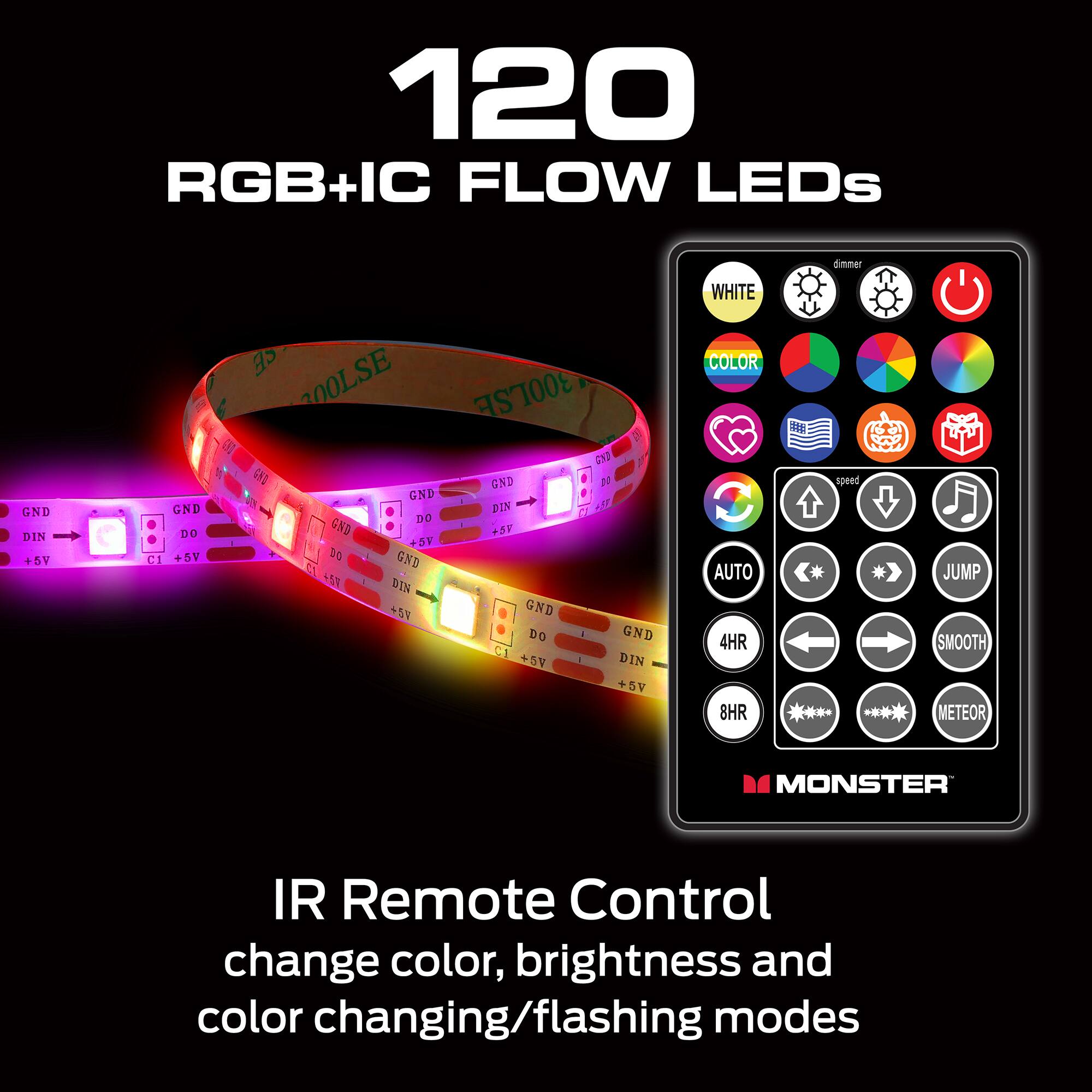 120 RGB+IC FLOW LEDs

IR Remote Control
change color, brightness and color changing/flashing modes

- WHITE
- COLOR
- AUTO
- 4HR
- 8HR
- JUMP
- SMOOTH
- METEOR

- dimmer
- speed
- CI +5V
- GND
- DIN
- DO
- +5V
- 95
- 200LSE
- 300LSE
- 5 GFD
- GND
- 1 GND
- D15
- A5
- D
- GND
- +3
- +5V
- 20
- GND
- R
- +5V
- DIN
- 5T
- GND
- DO
- - GND
- CI
- +5V
- - DIN
- 5V
- COLOR
- AUTO
- 4HR
- 8HR
- speed
- JUMP
- SMOOTH
- METEOR